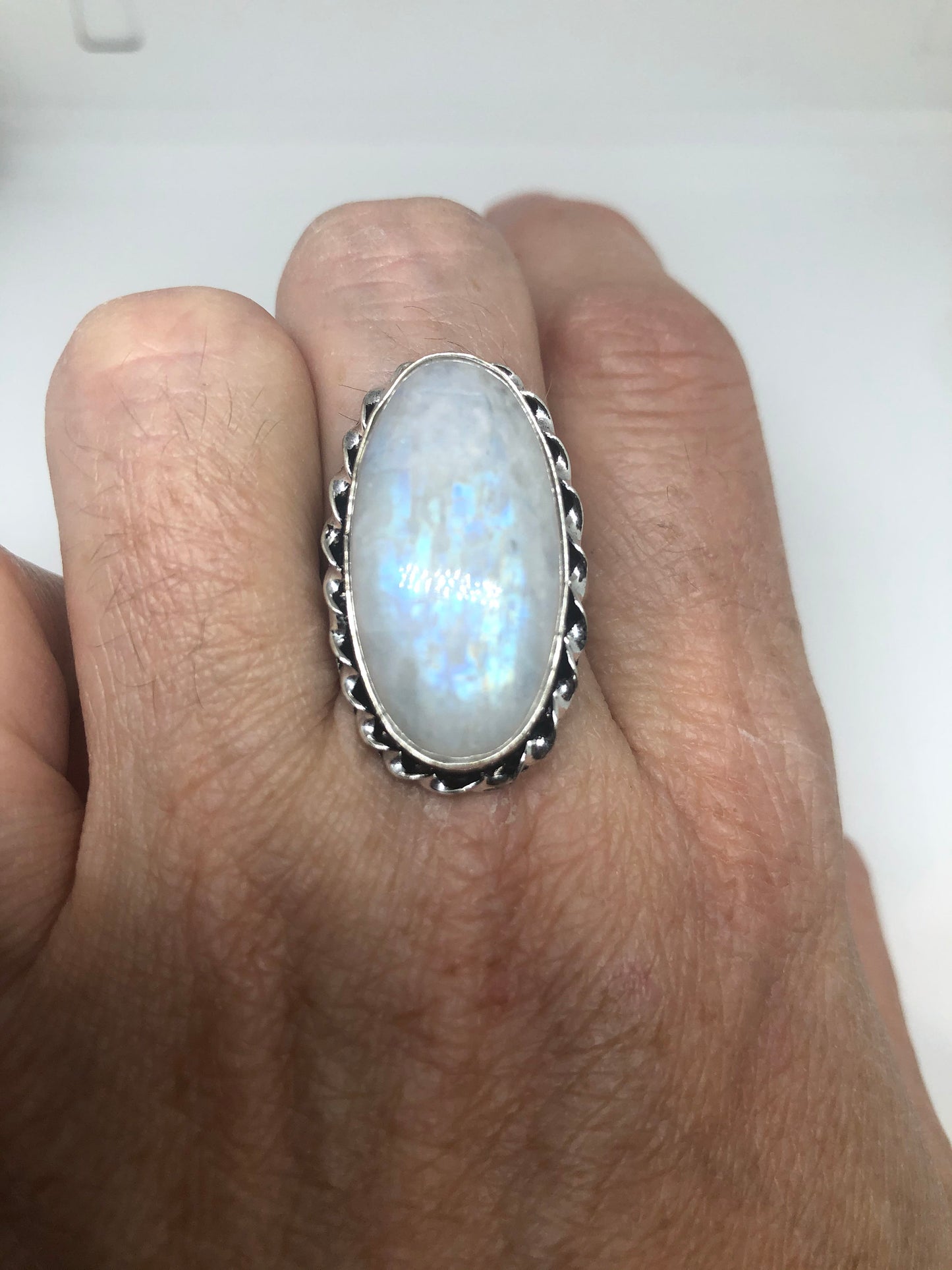 Vintage Genuine Blue White Rainbow Moonstone Ring Size 8