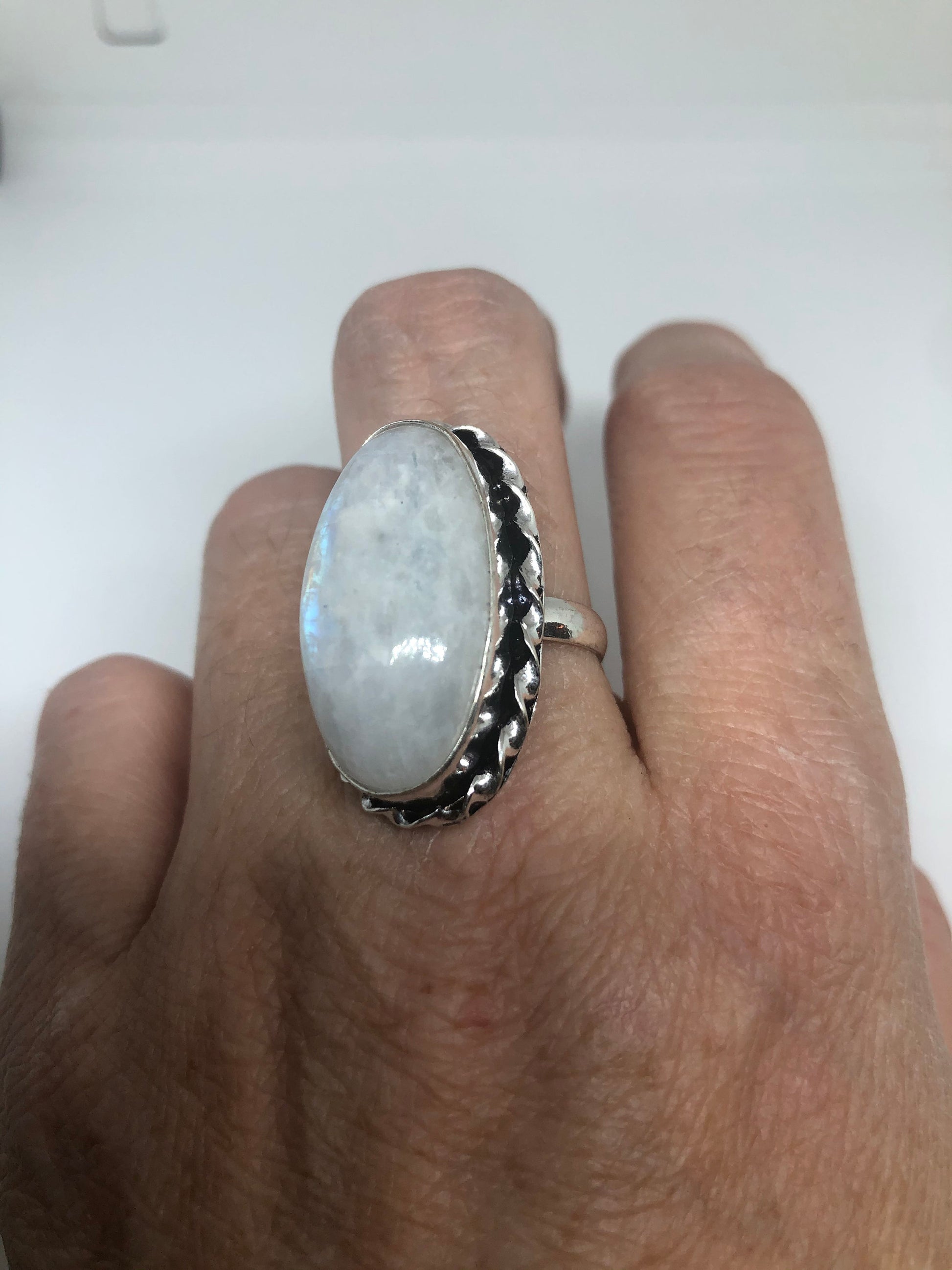 Vintage Genuine Blue White Rainbow Moonstone Ring Size 8