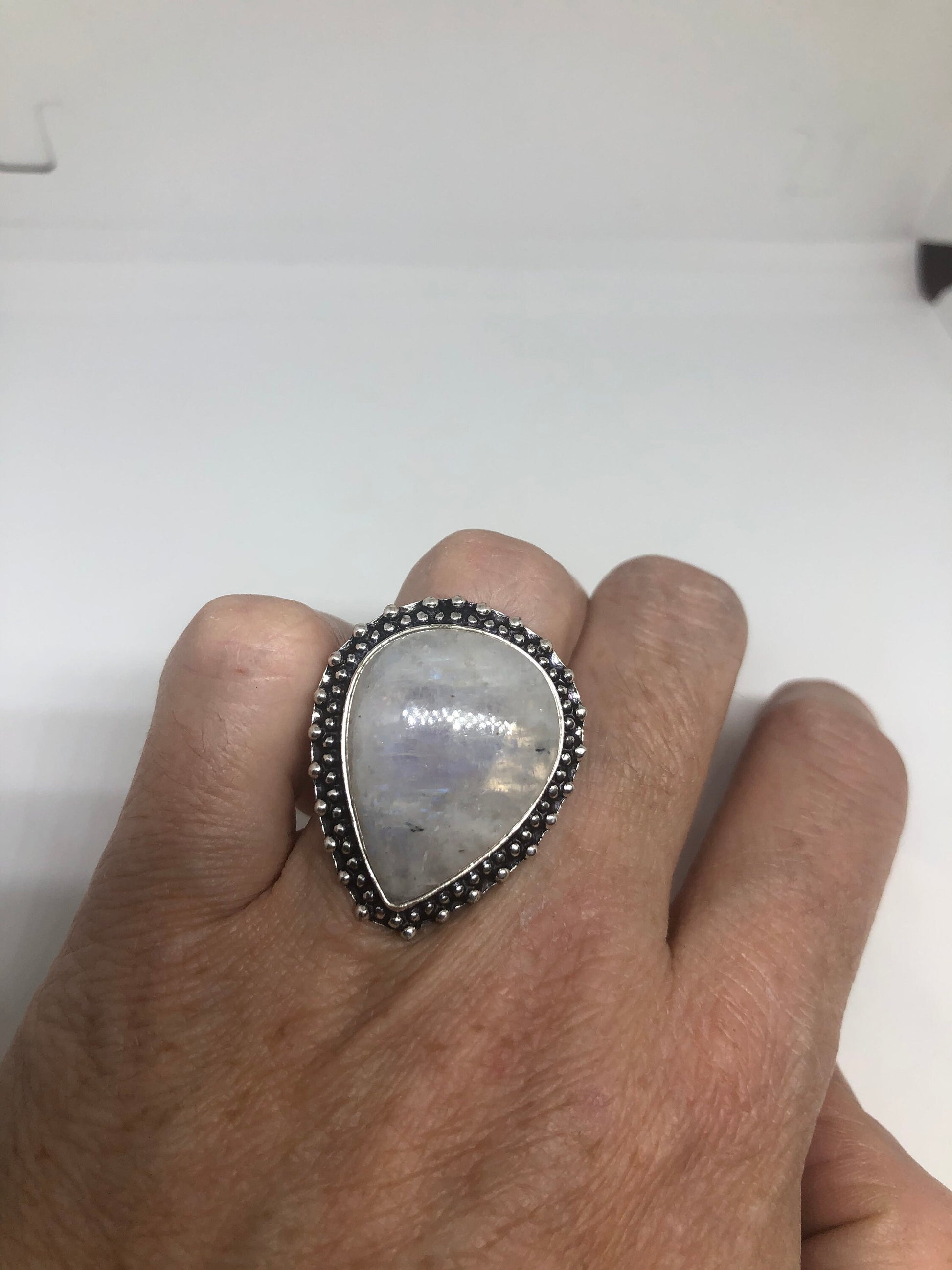 Vintage Genuine Blue White Rainbow Moonstone Ring Size 6