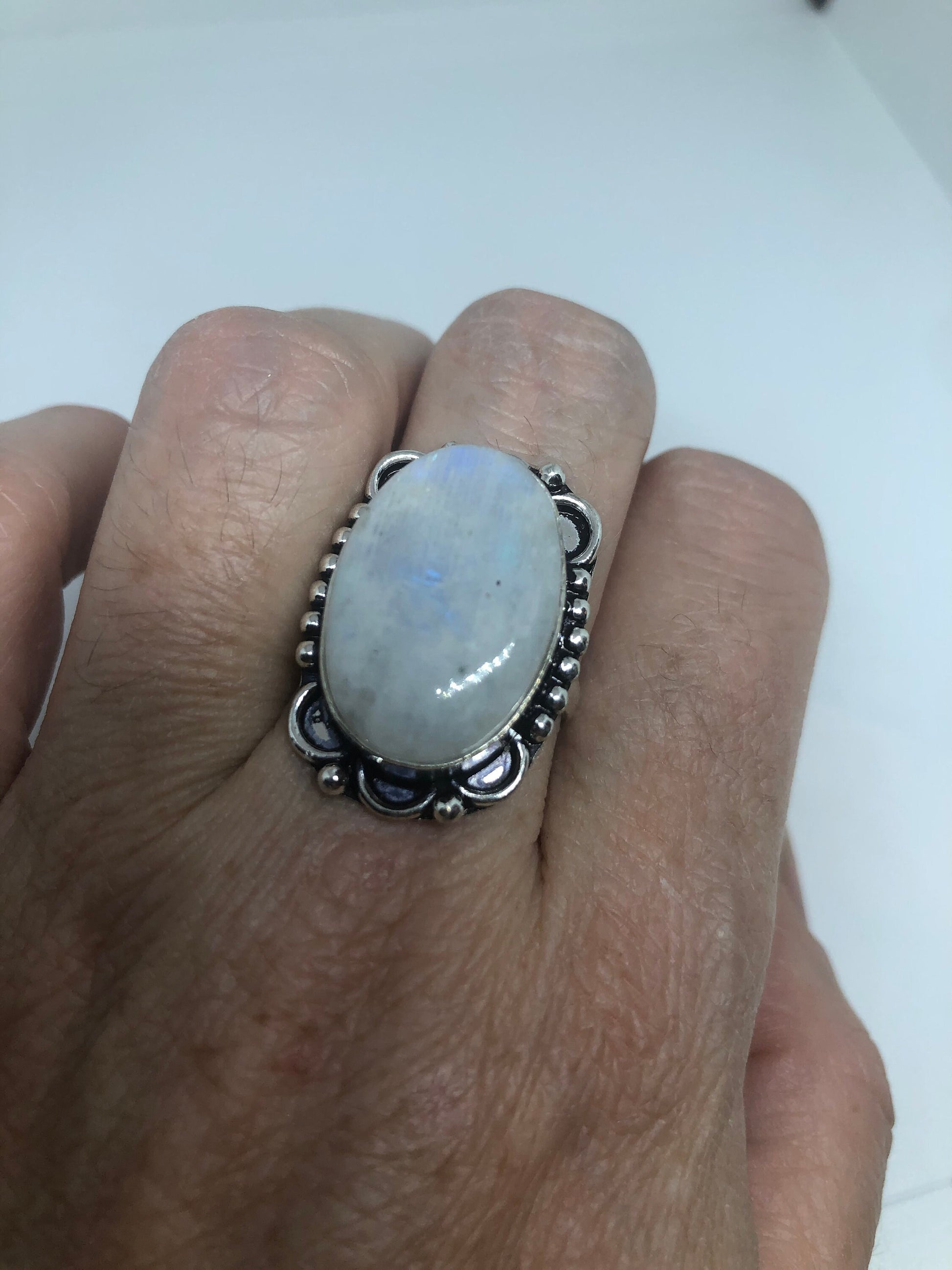 Vintage Genuine Blue White Rainbow Moonstone Ring Size 8