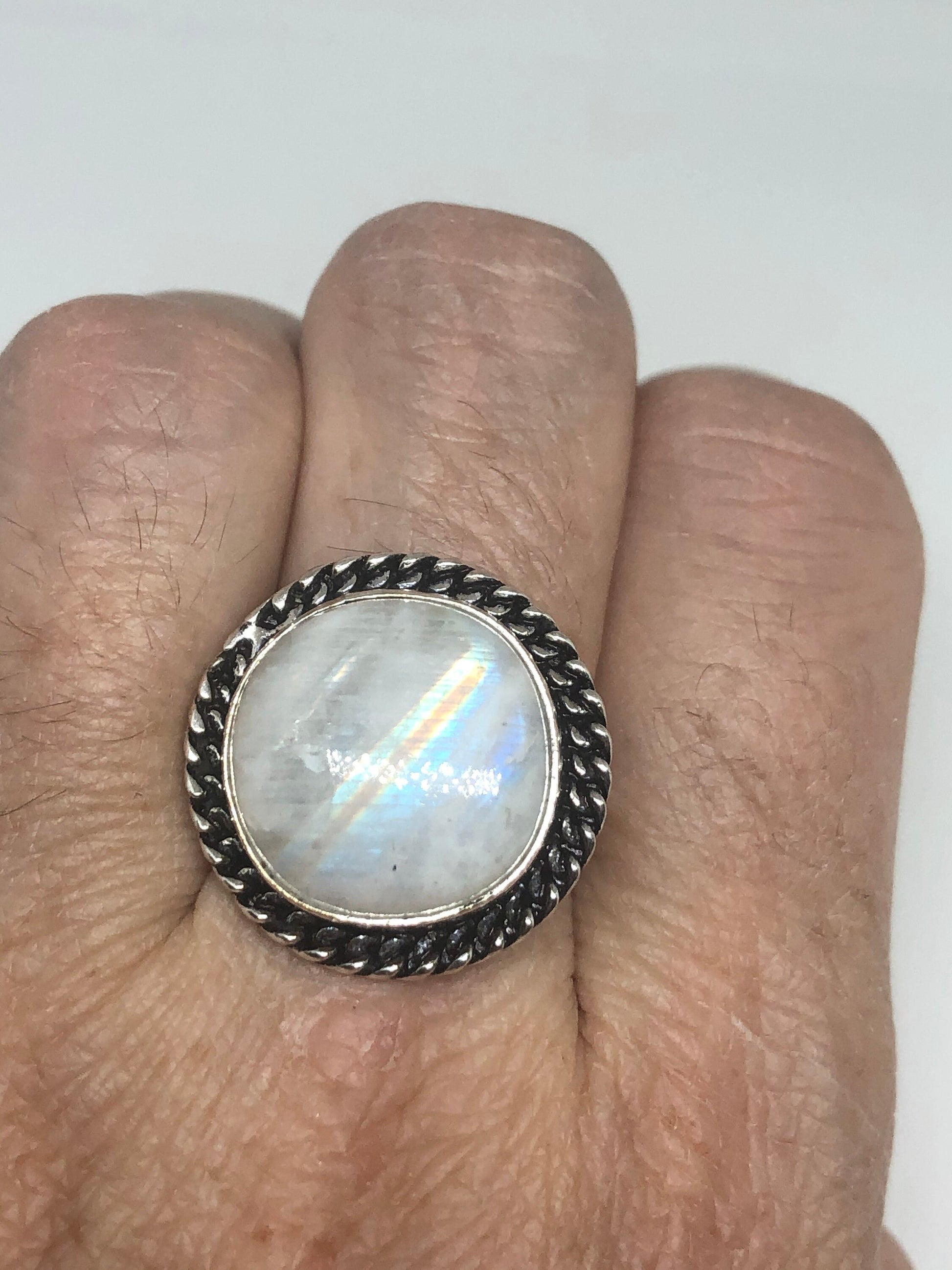 Vintage Genuine Blue White Rainbow Moonstone Ring Size 9.75