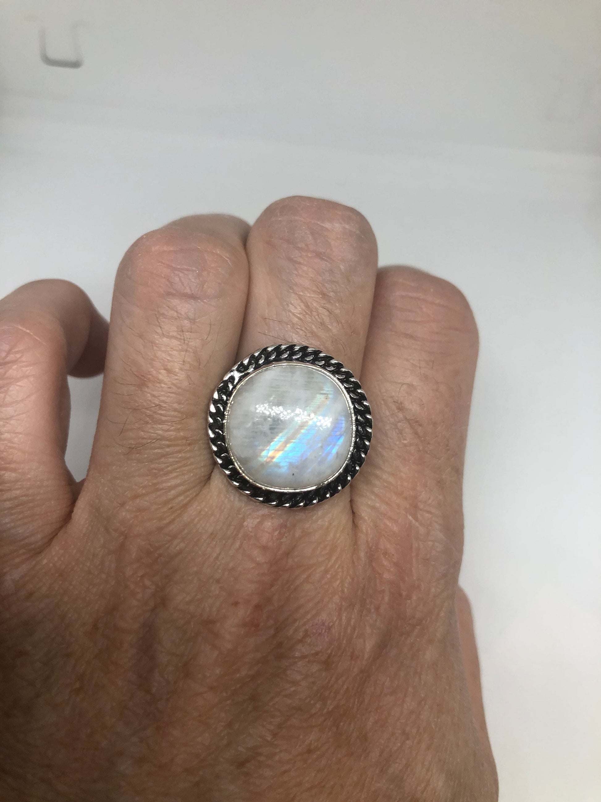 Vintage Genuine Blue White Rainbow Moonstone Ring Size 9.75