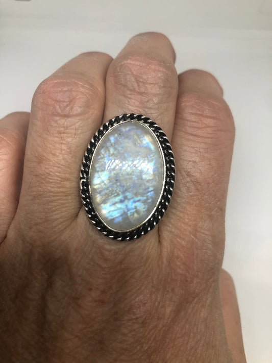 Vintage Genuine Blue White Rainbow Moonstone Ring Size 7.5