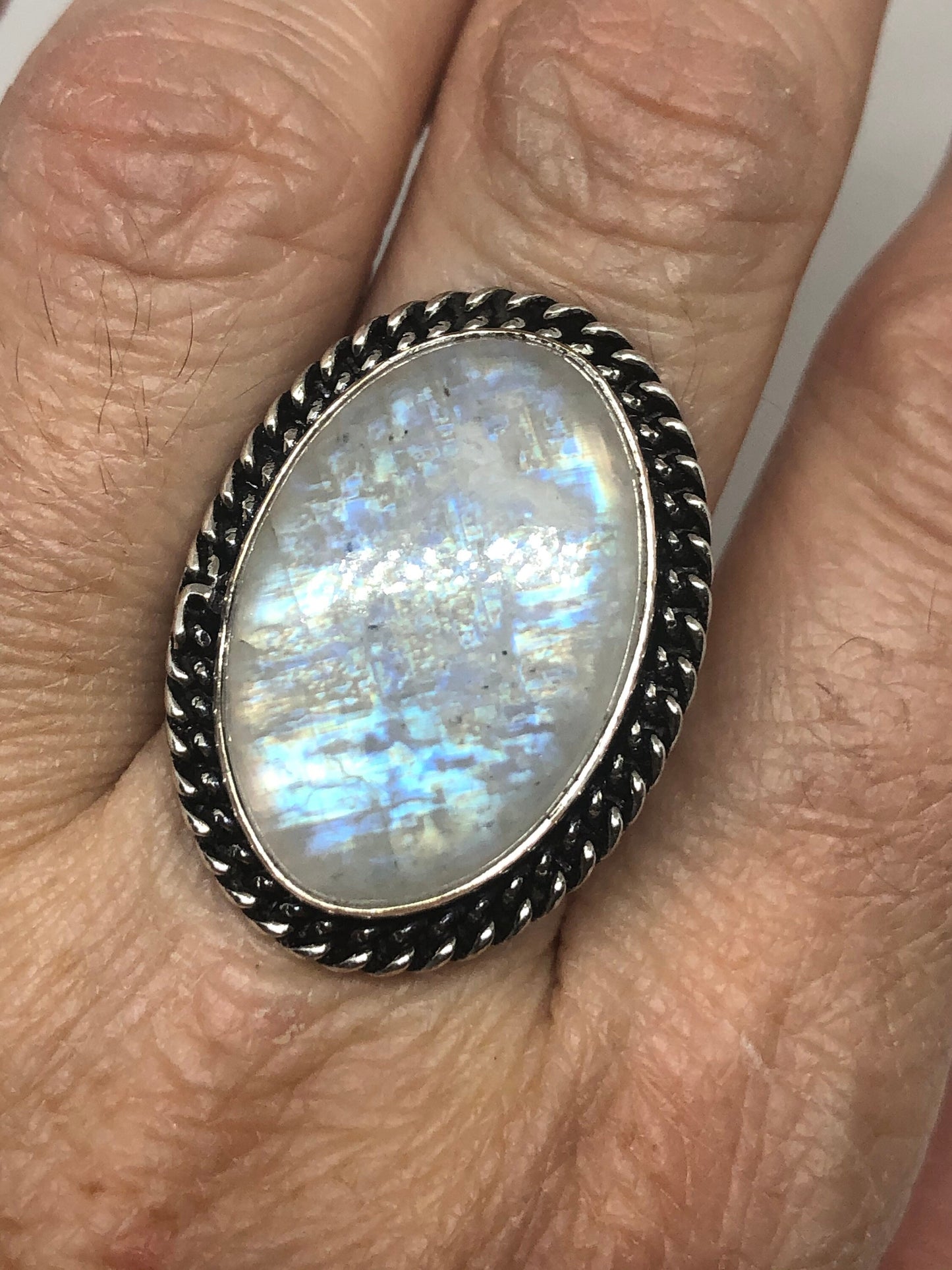 Vintage Genuine Blue White Rainbow Moonstone Ring Size 7.5