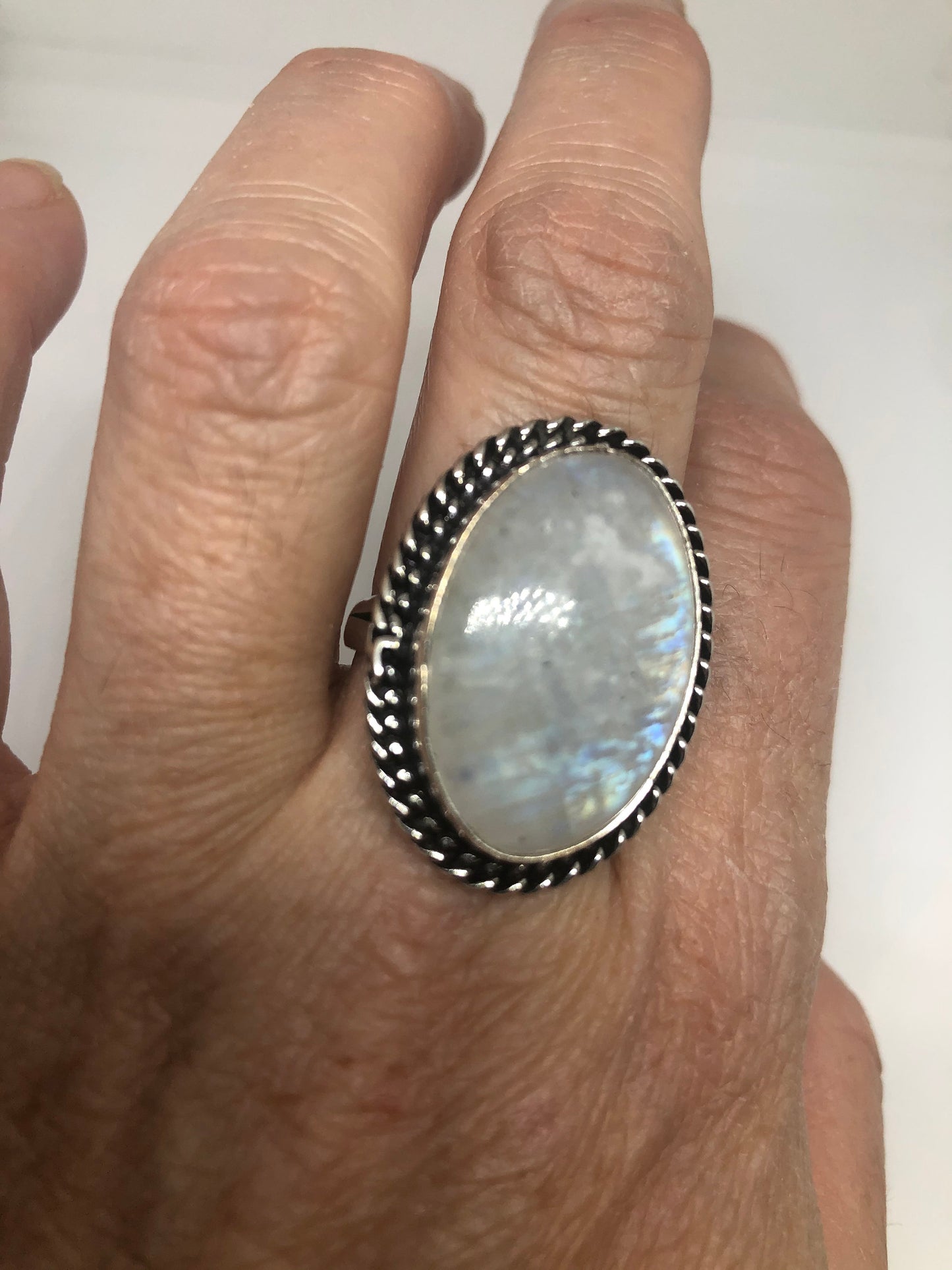 Vintage Genuine Blue White Rainbow Moonstone Ring Size 7.5