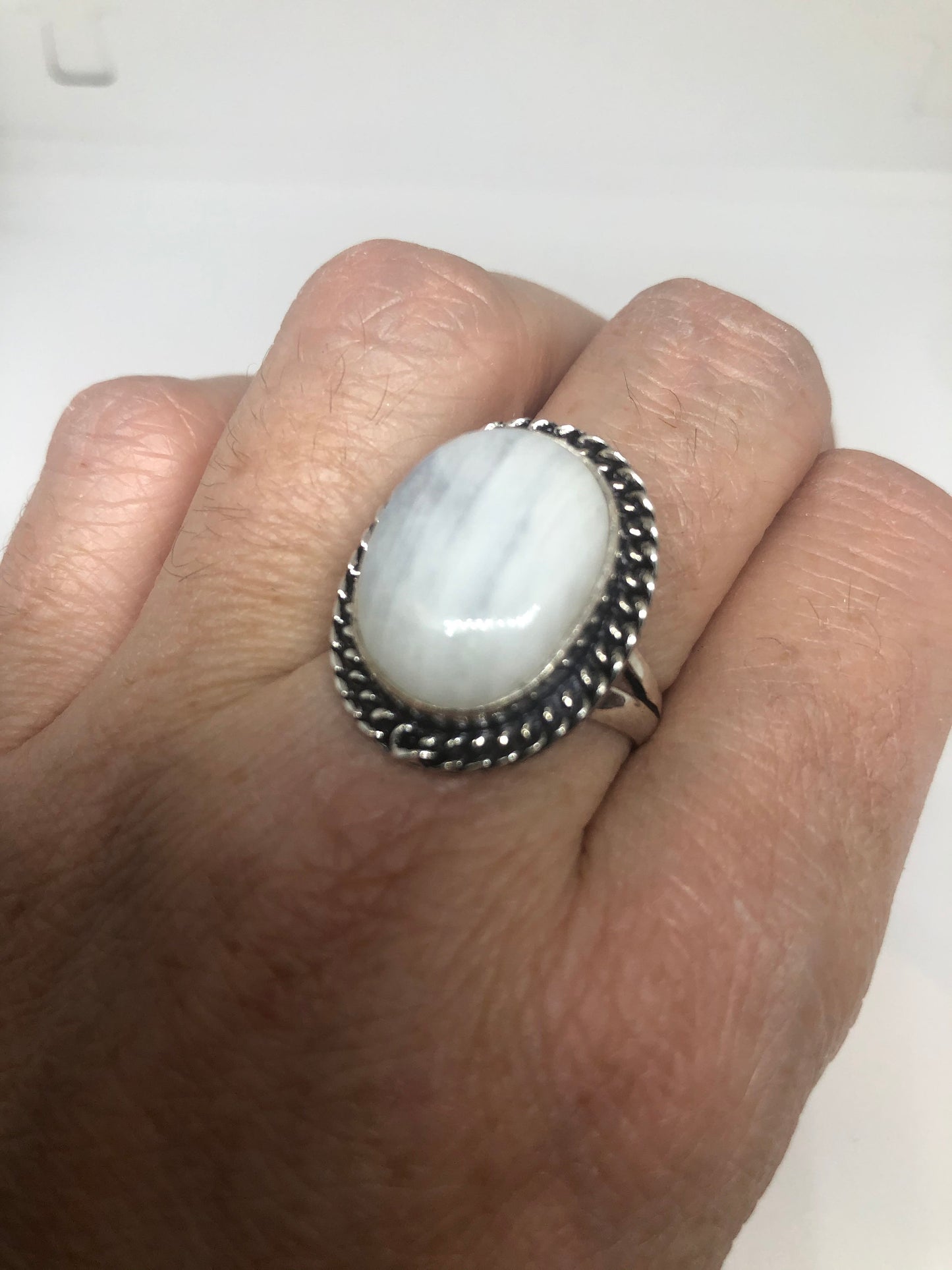 Vintage Genuine Blue White Rainbow Moonstone Ring Size 8.5