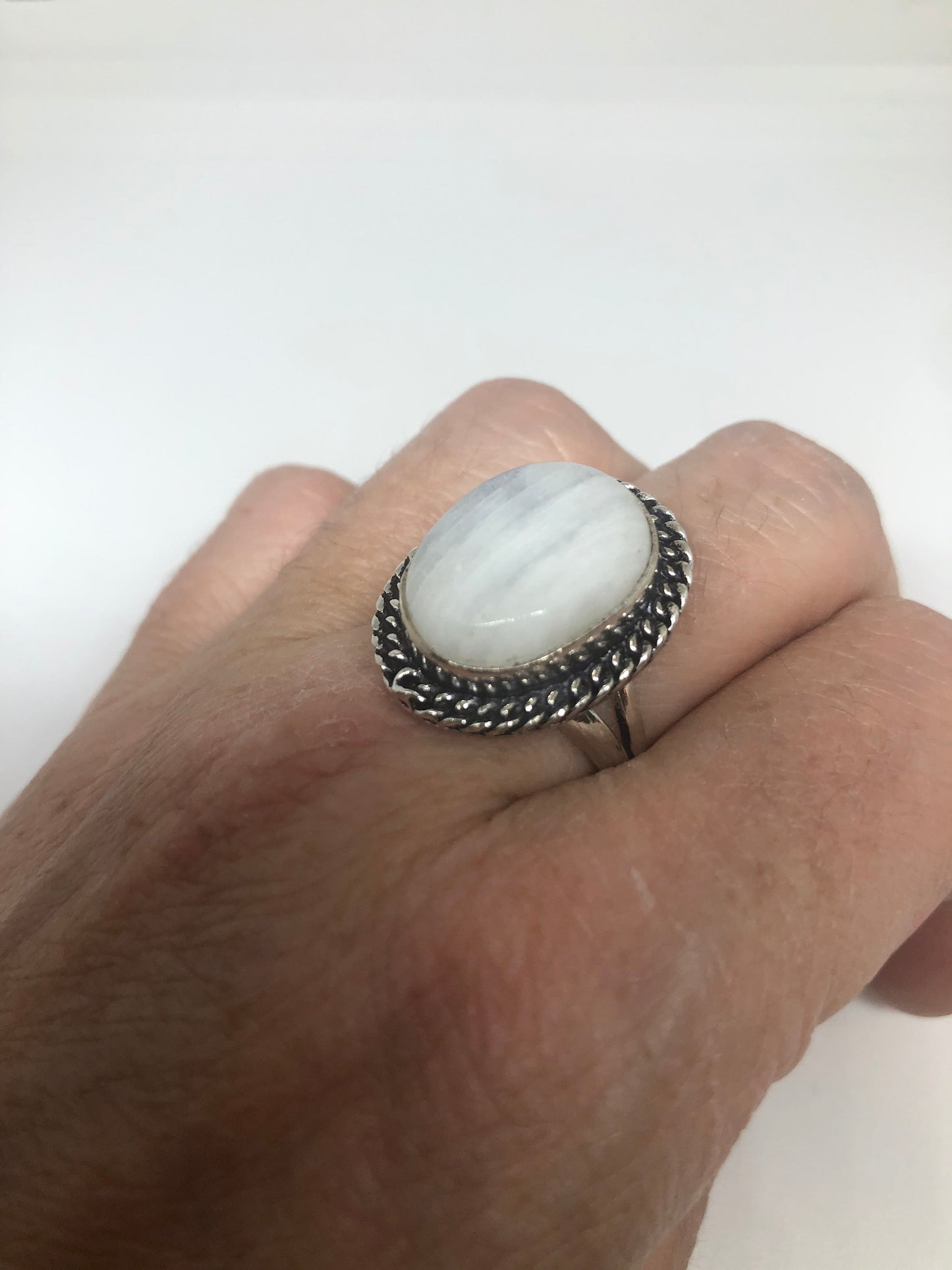 Vintage Genuine Blue White Rainbow Moonstone Ring Size 8.5