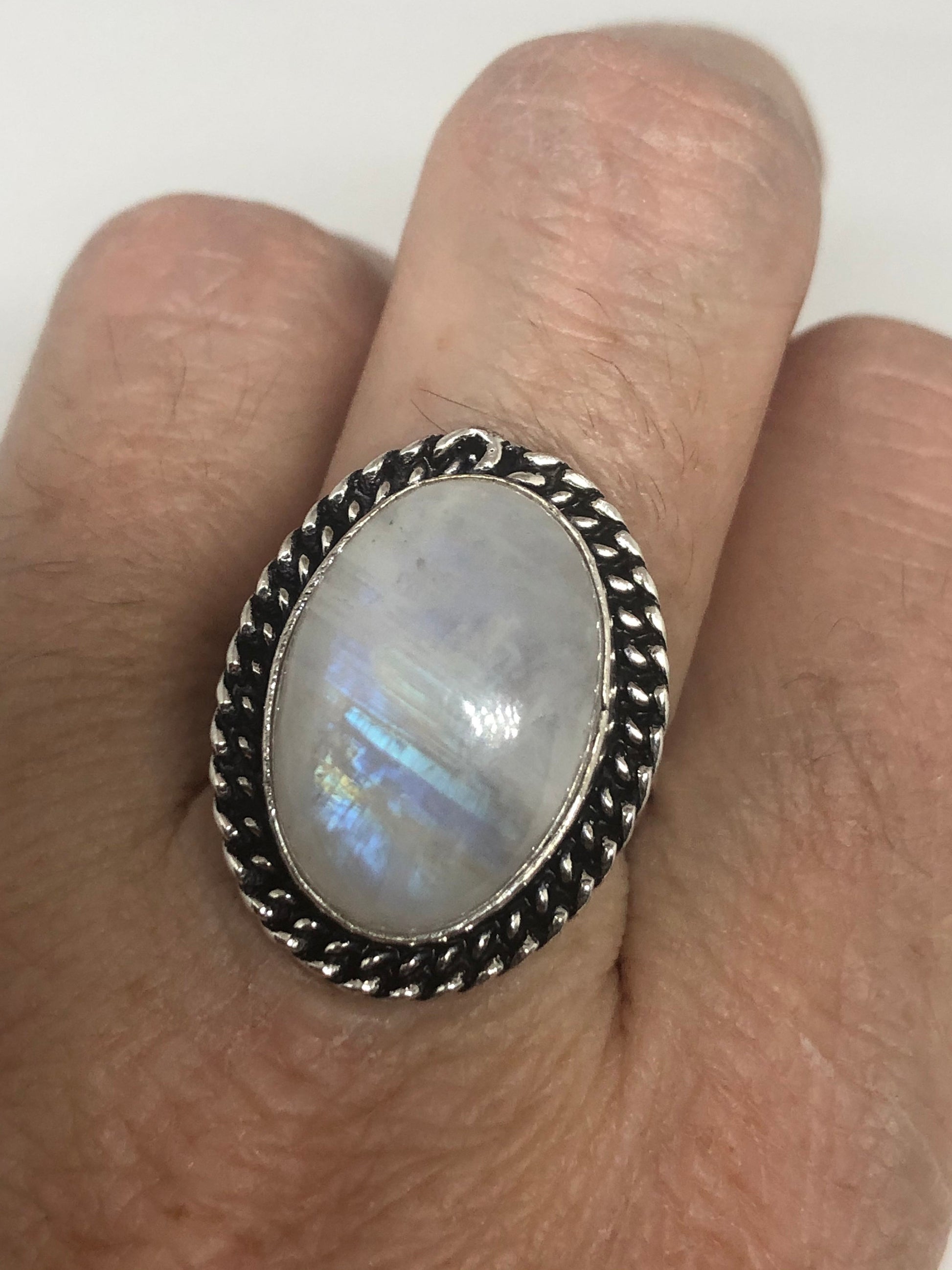 Vintage Genuine Blue White Rainbow Moonstone Ring Size 8