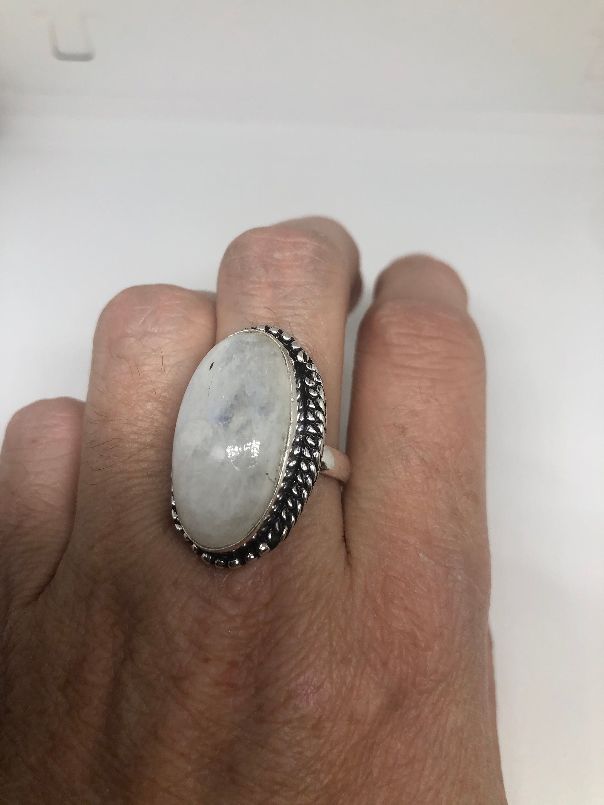 Vintage Genuine Blue White Rainbow Moonstone Ring Size 9