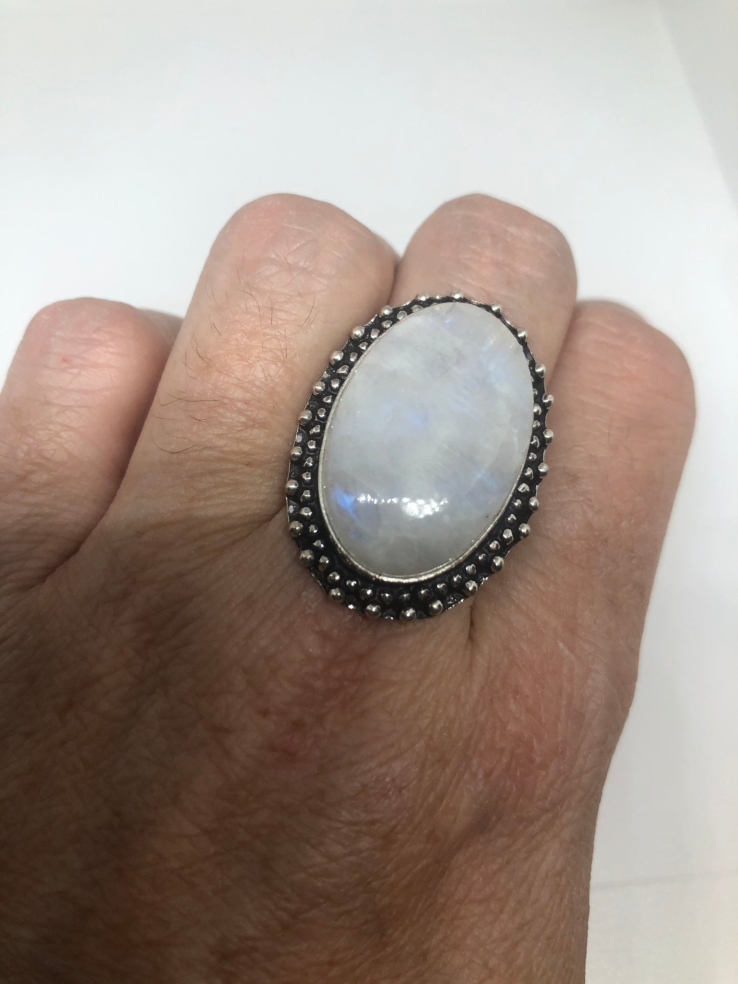 Vintage Genuine Blue White Rainbow Moonstone Ring Size 7