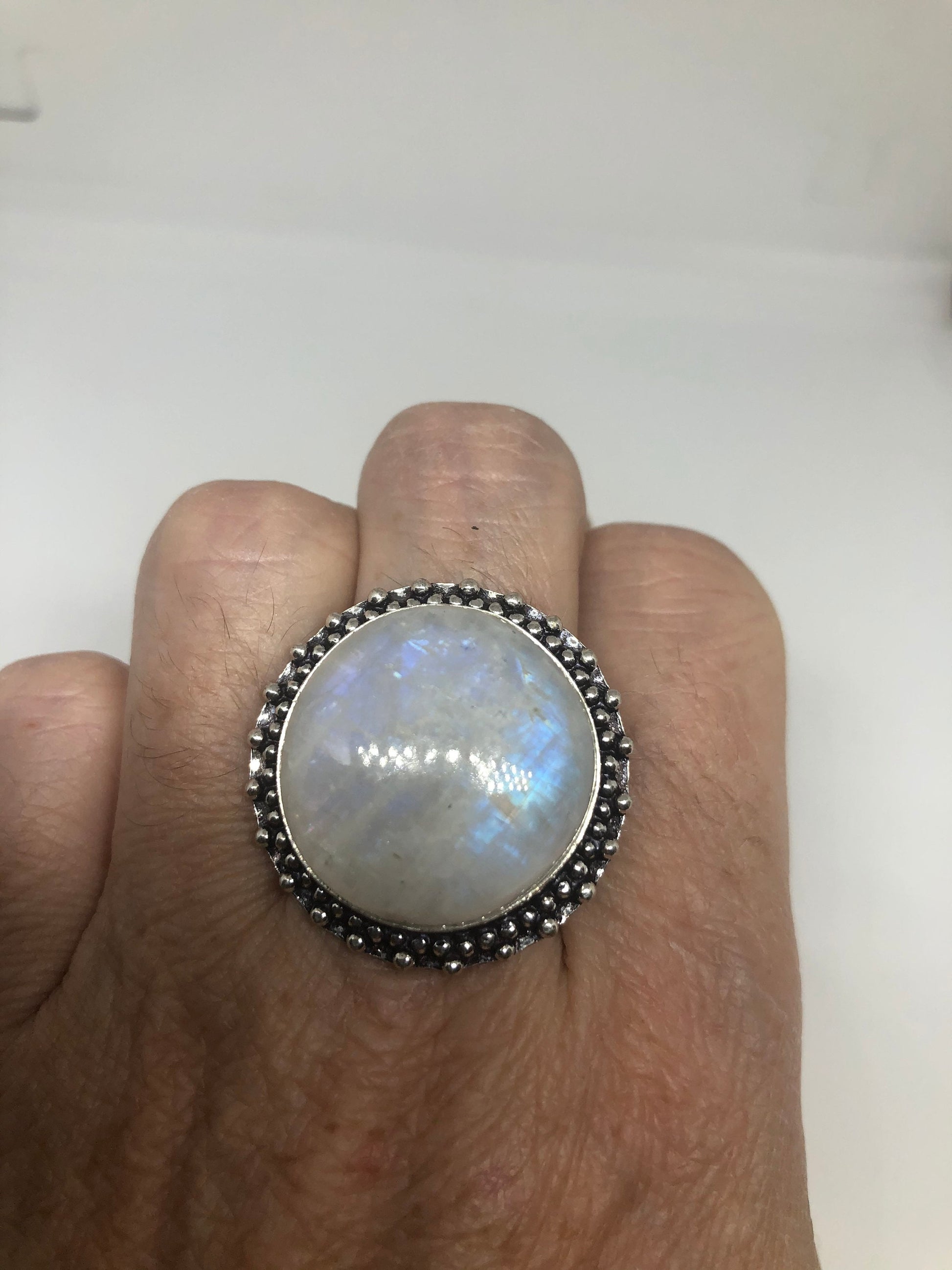 Vintage Genuine Blue White Rainbow Moonstone Ring Size 8