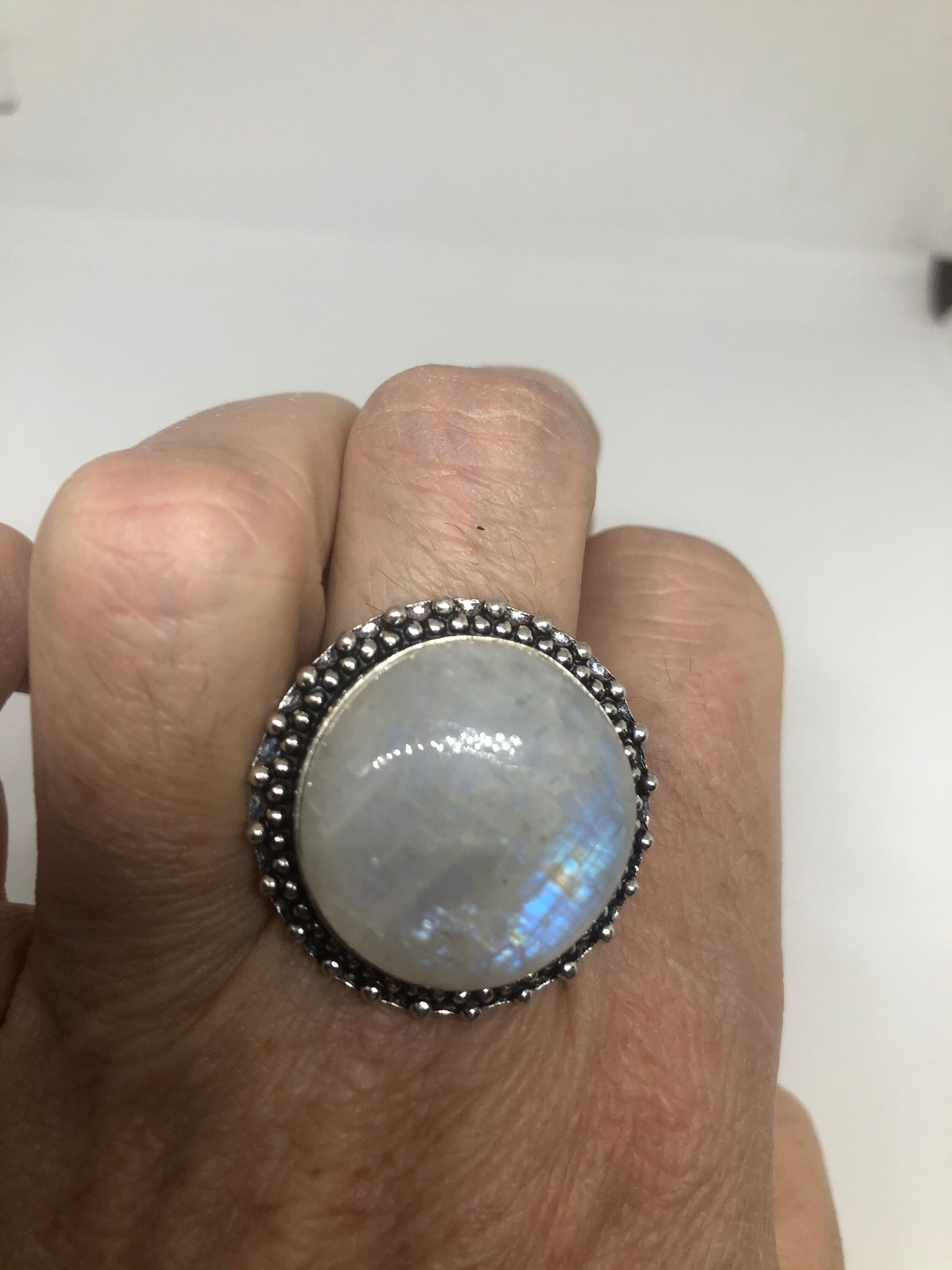 Vintage Genuine Blue White Rainbow Moonstone Ring Size 8