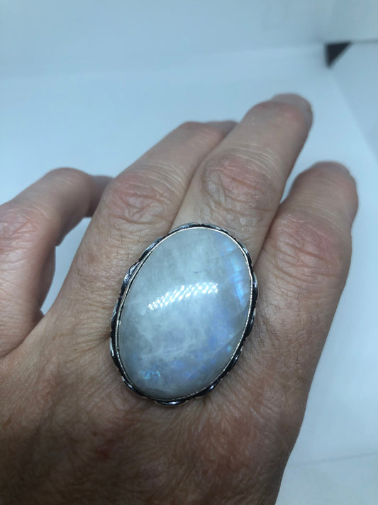 Vintage Genuine Blue White Rainbow Moonstone Ring Size 8