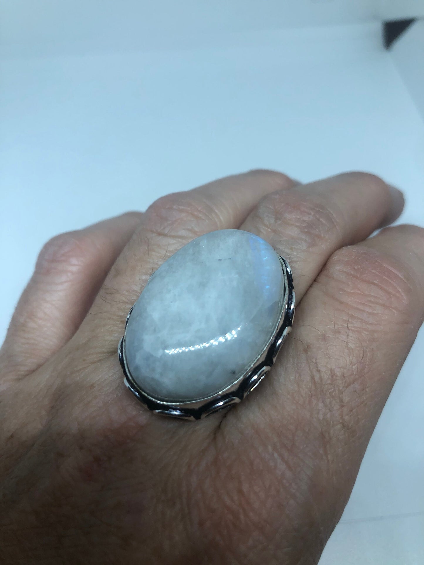 Vintage Genuine Blue White Rainbow Moonstone Ring Size 8