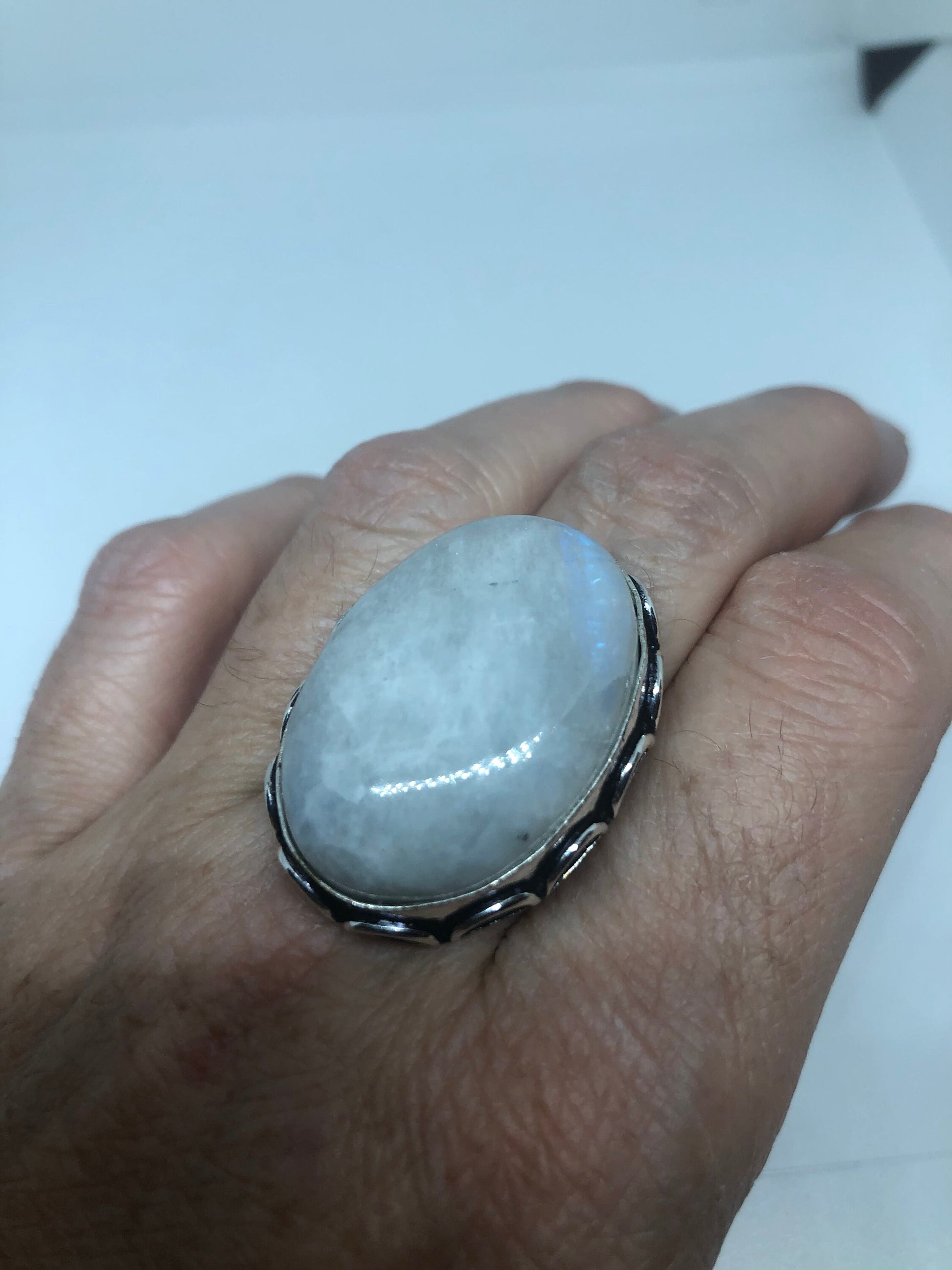 Vintage Genuine Blue White Rainbow Moonstone Ring Size 8