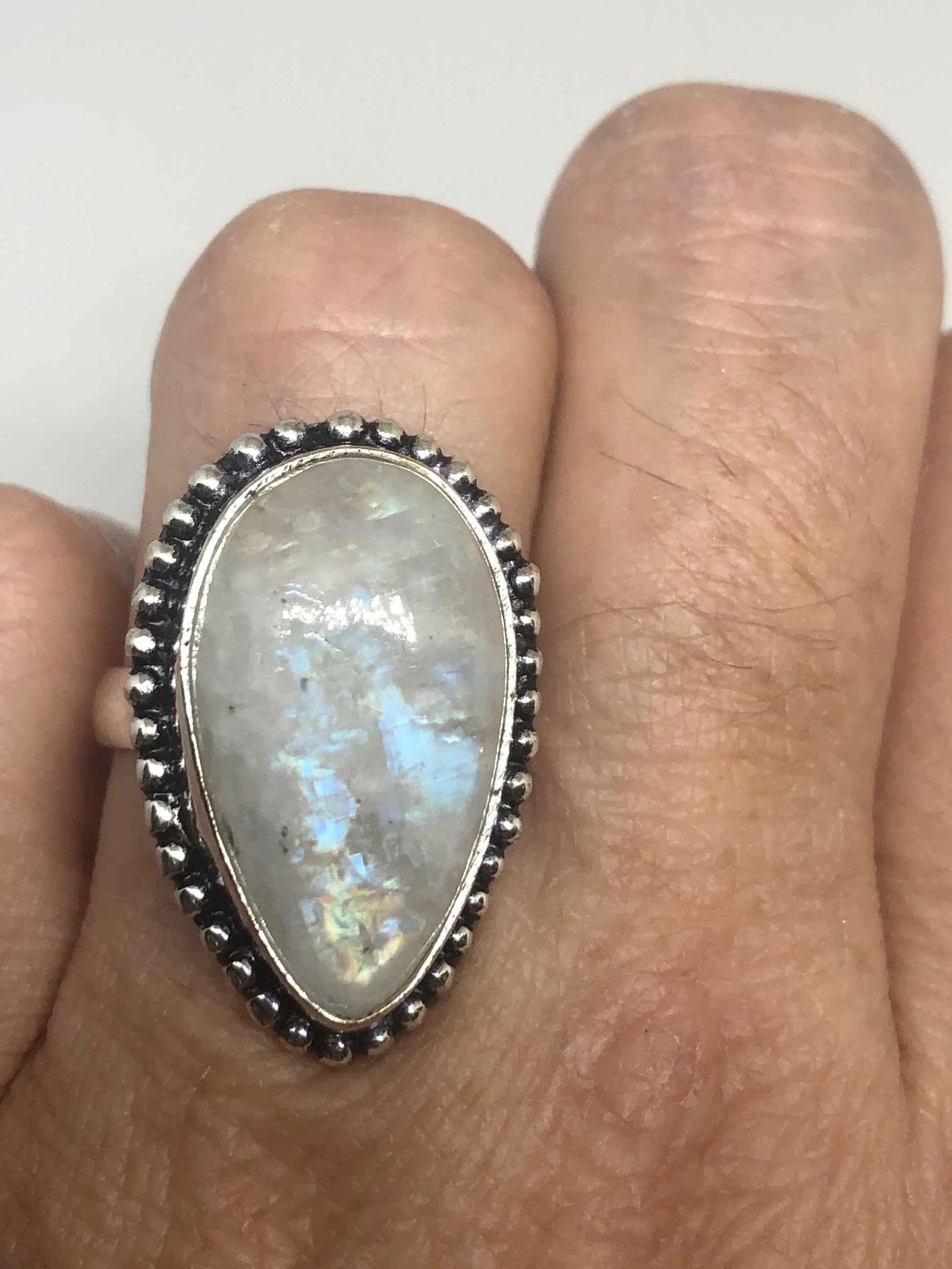 Vintage Genuine Blue White Rainbow Moonstone Ring Size 7