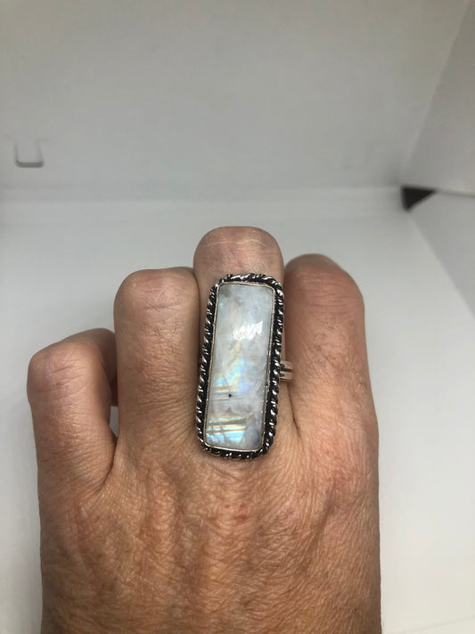 Vintage Genuine Blue White Rainbow Moonstone Ring Size 8.5