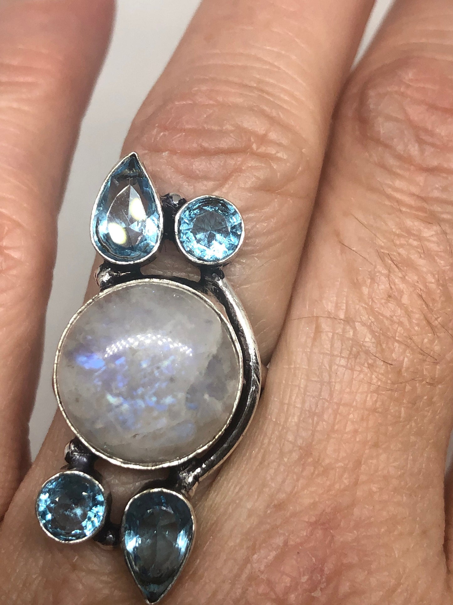 Vintage Genuine Blue White Rainbow Moonstone Aquamarine Ring Size 6