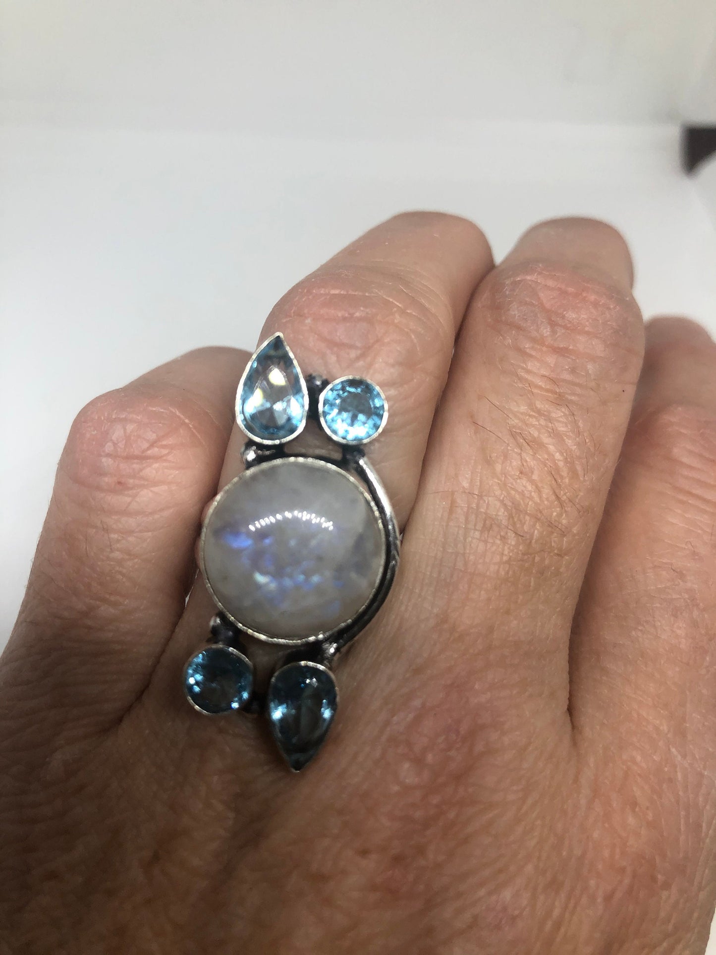 Vintage Genuine Blue White Rainbow Moonstone Aquamarine Ring Size 6