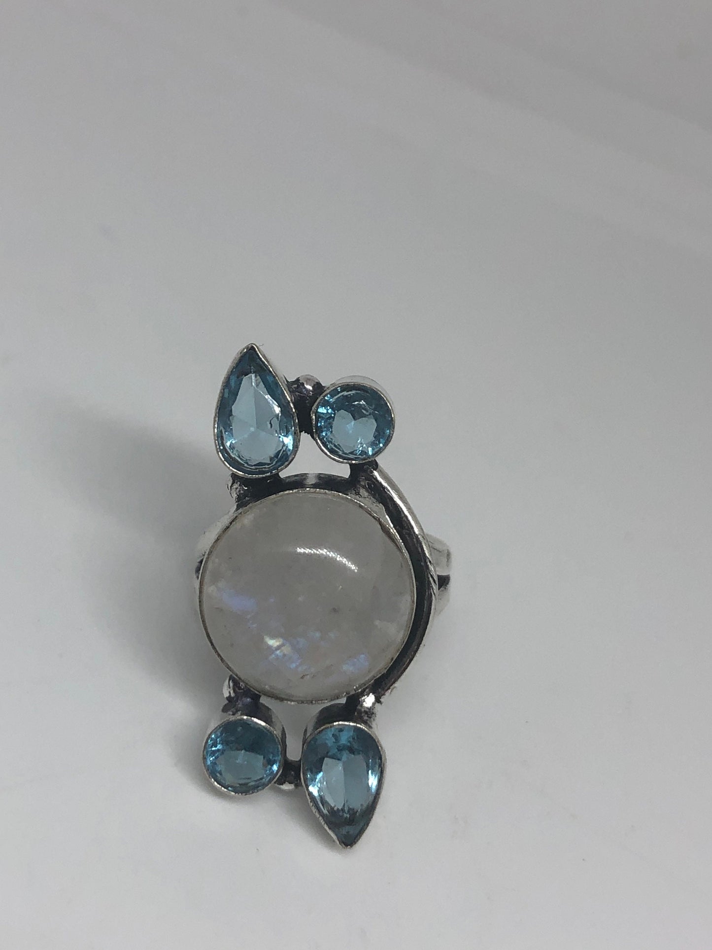 Vintage Genuine Blue White Rainbow Moonstone Aquamarine Ring Size 6