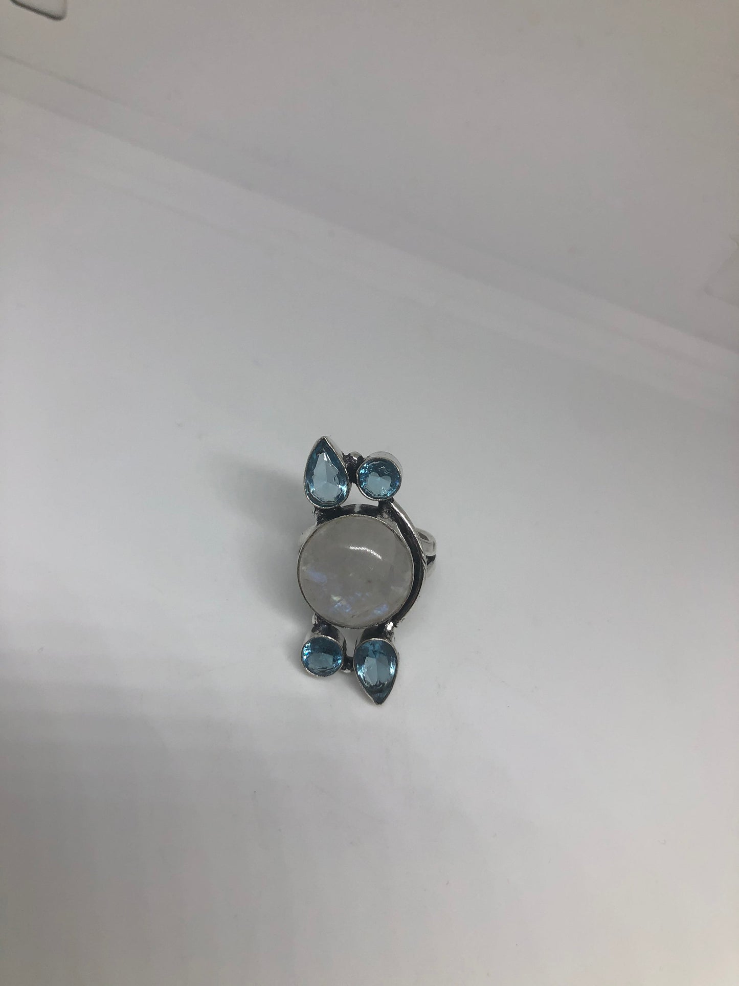 Vintage Genuine Blue White Rainbow Moonstone Aquamarine Ring Size 6