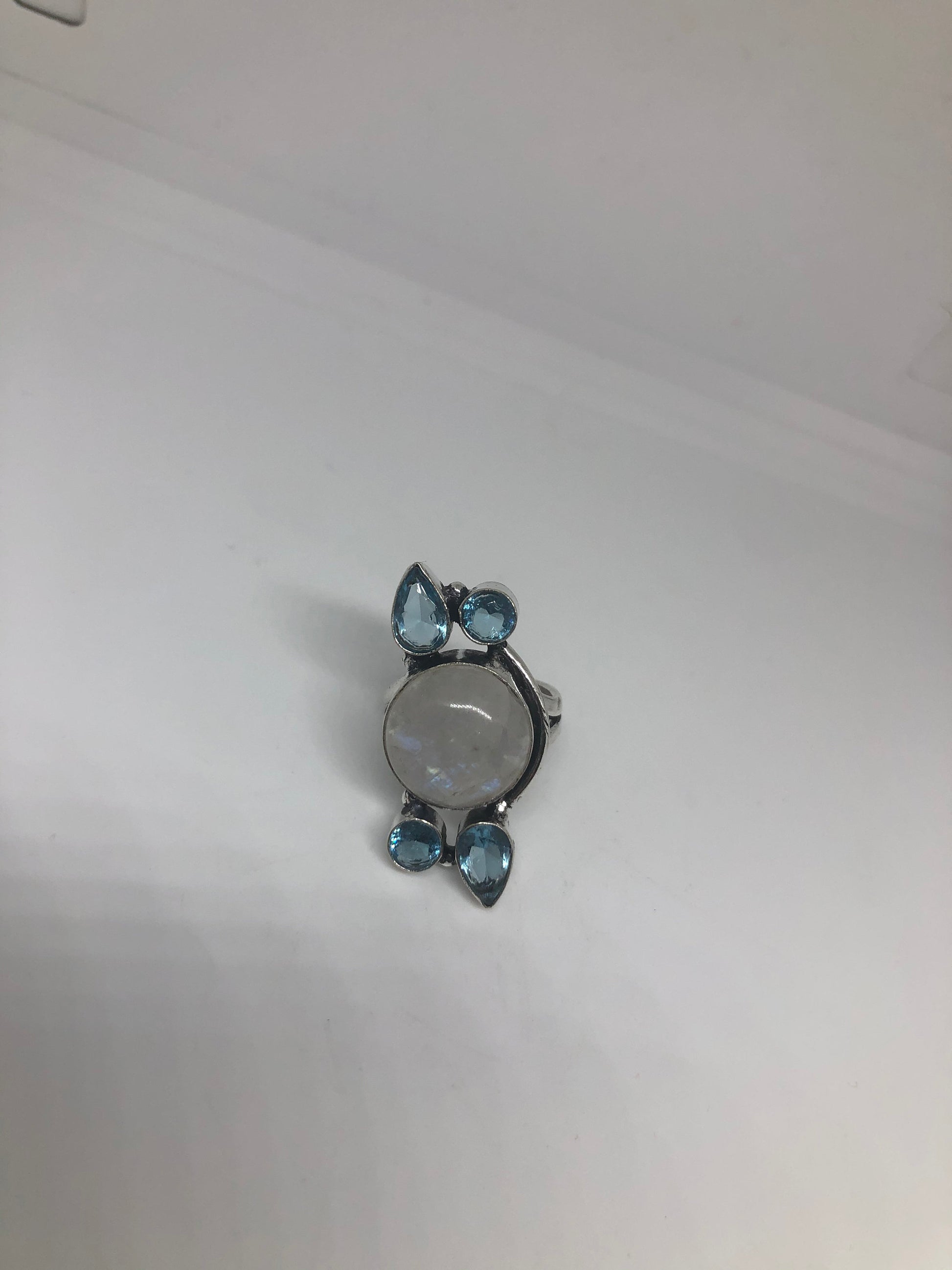 Vintage Genuine Blue White Rainbow Moonstone Aquamarine Ring Size 6