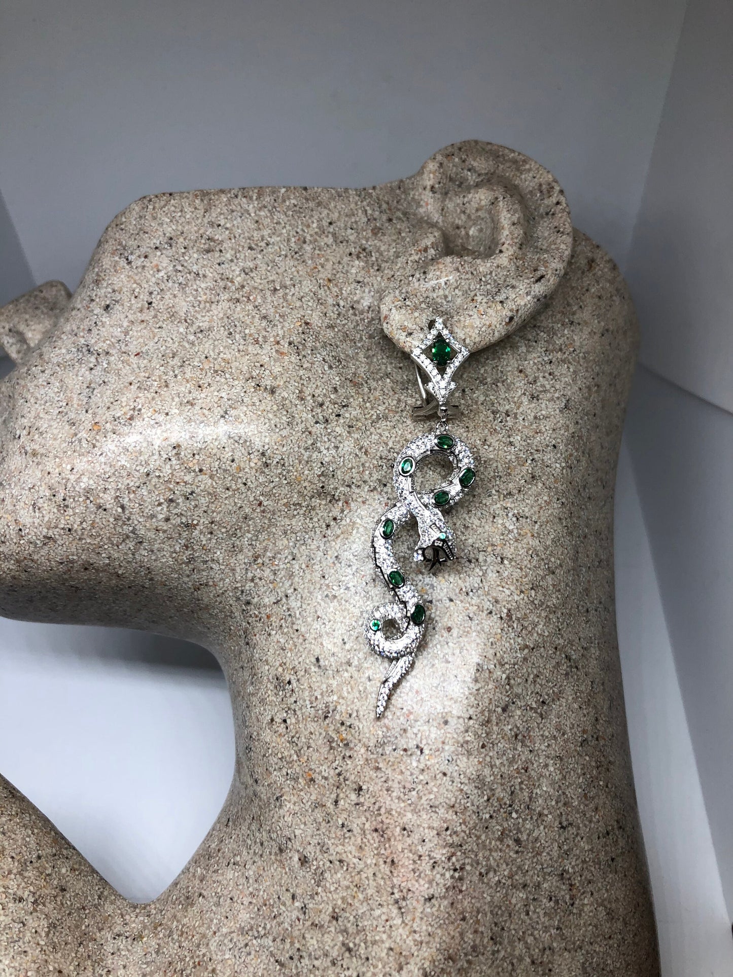 Vintage Green Chrome Diopside Snake Earrings 925 Sterling Silver