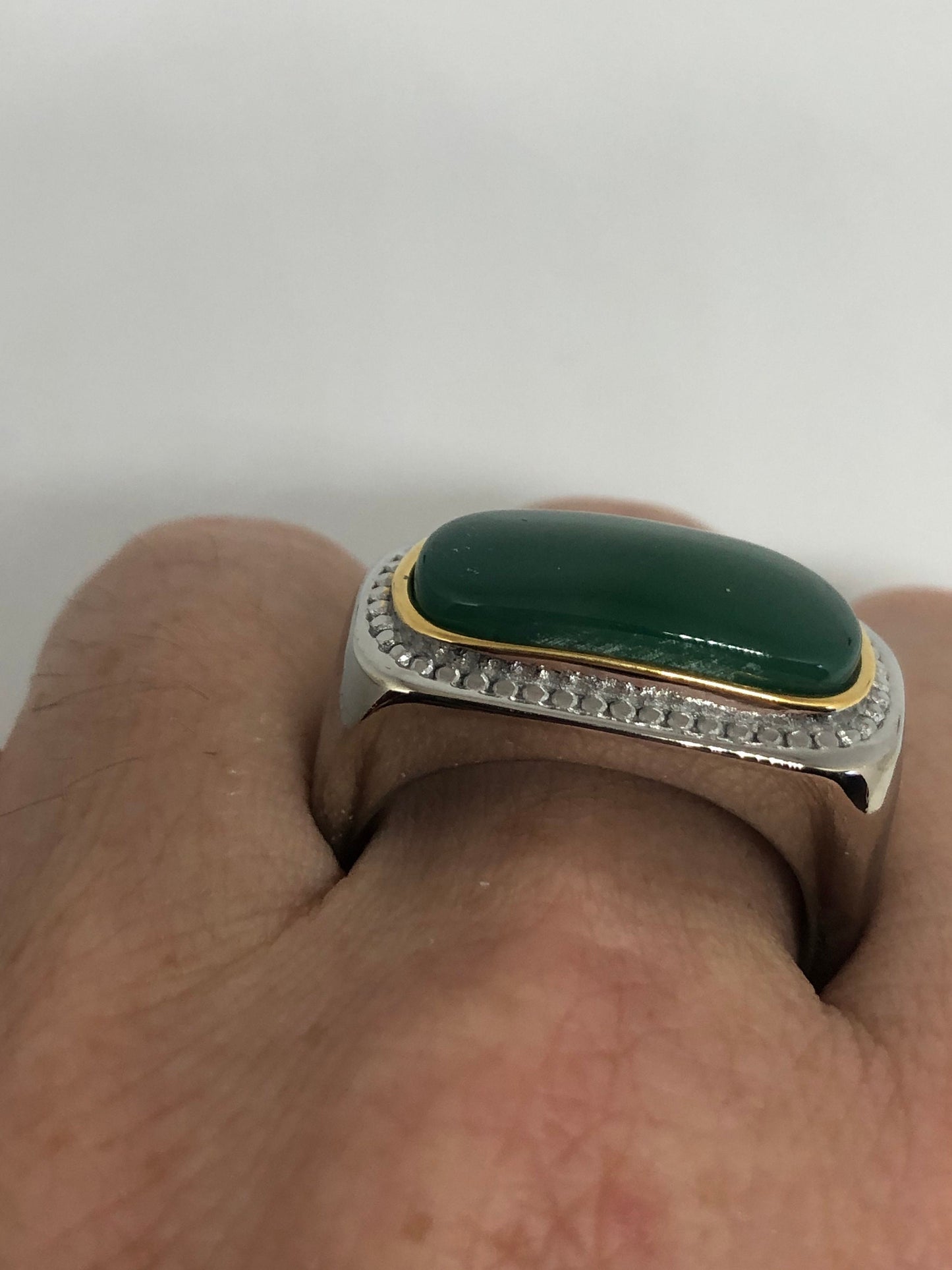 Vintage Green Onyx Golden Stainless Steel Mens Ring