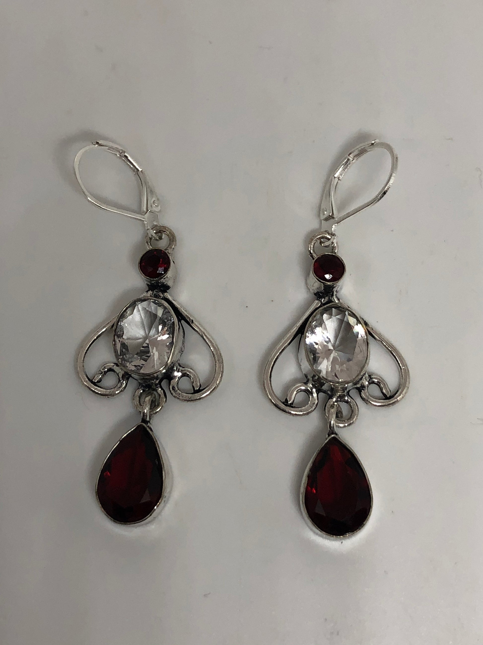 Vintage Red Garnet Clear Quartz Earrings 925 Sterling Silver