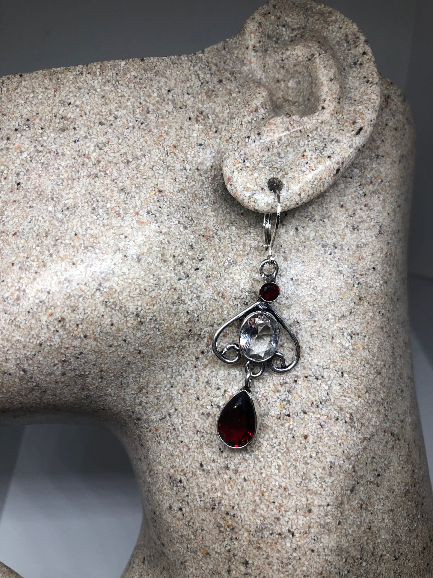 Vintage Red Garnet Clear Quartz Earrings 925 Sterling Silver