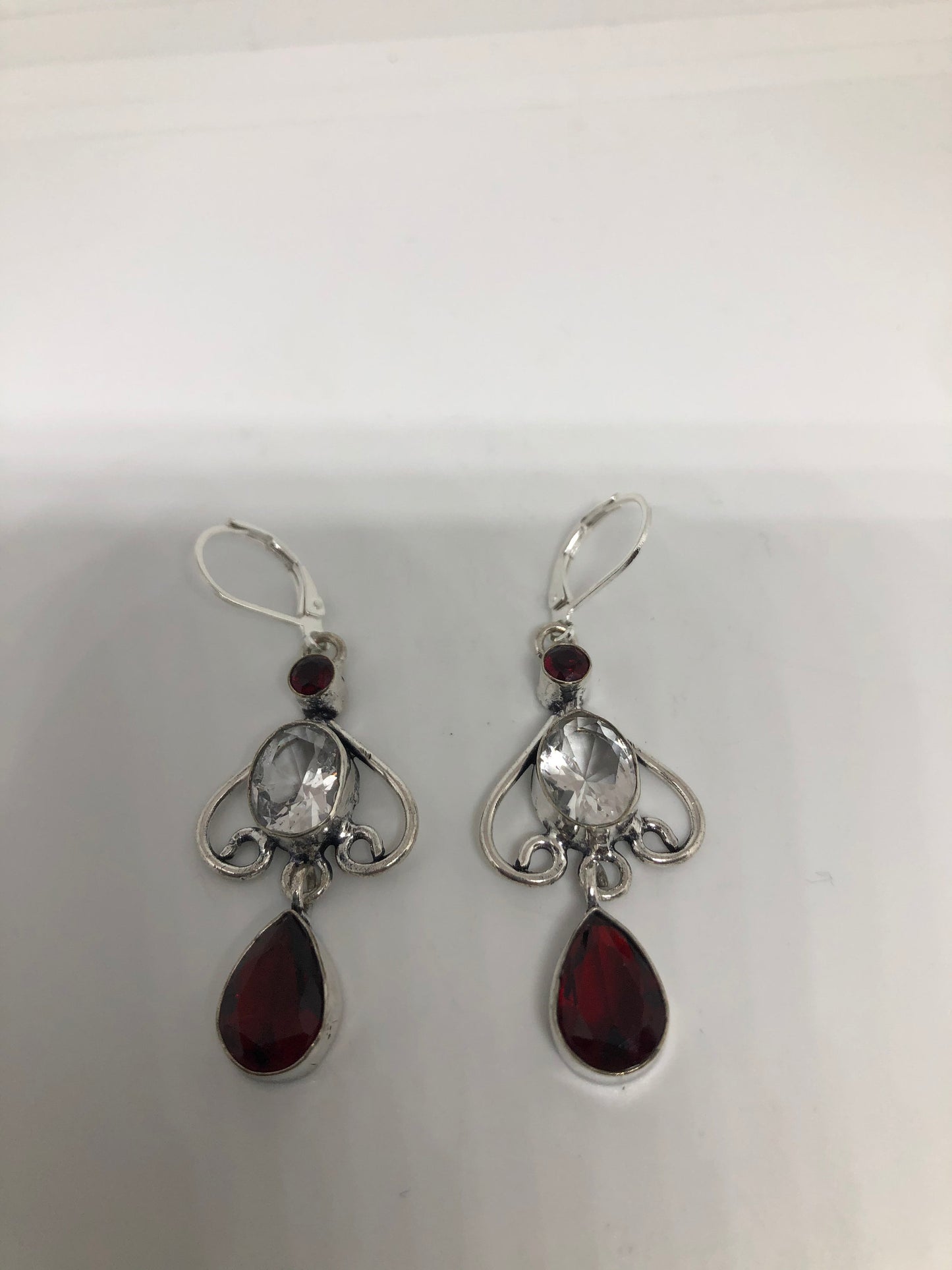 Vintage Red Garnet Clear Quartz Earrings 925 Sterling Silver