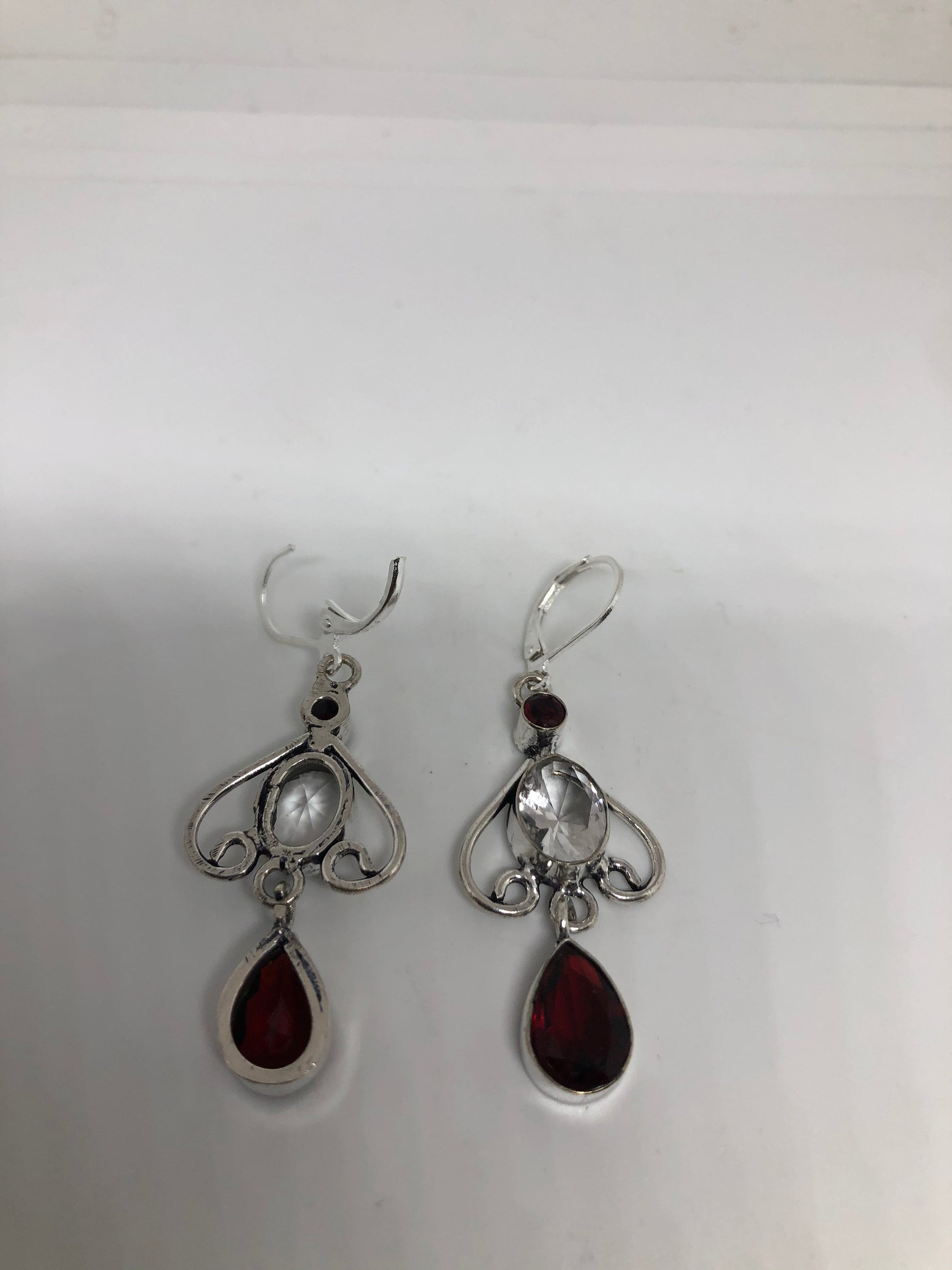 Vintage Red Garnet Clear Quartz Earrings 925 Sterling Silver