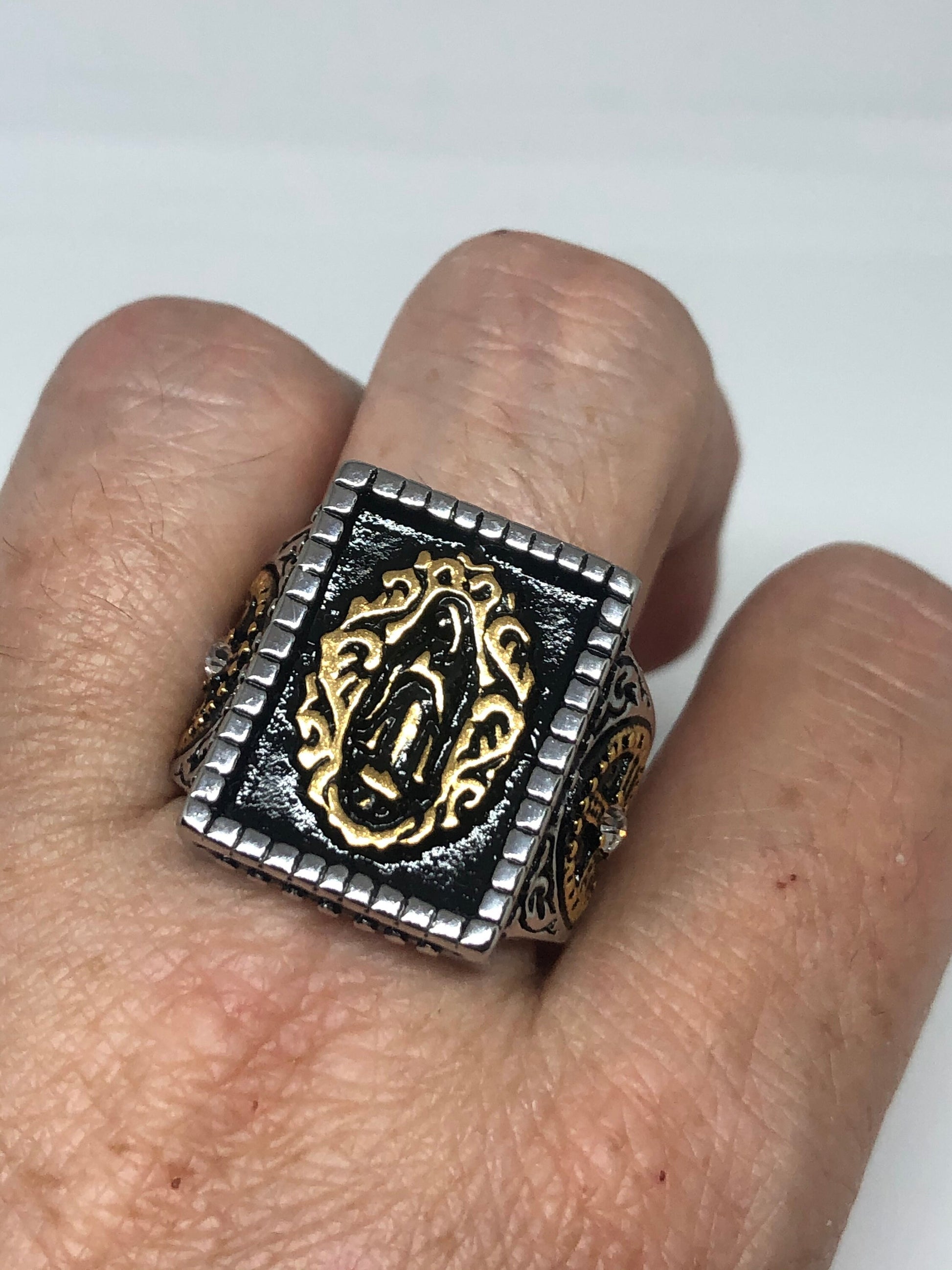 Vintage Saint Mary Ring Golden Stainless Steel Mens