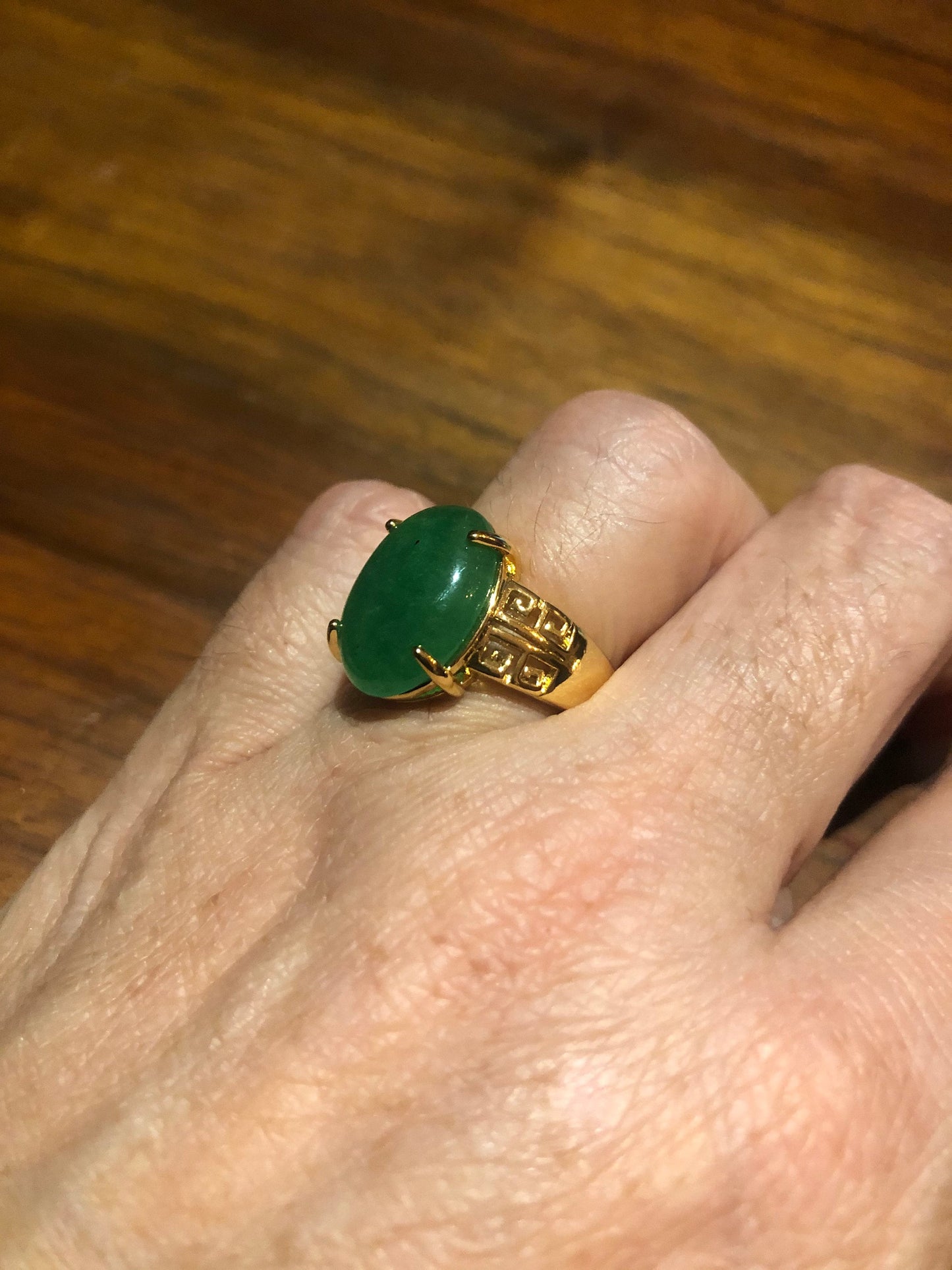 Vintage Lucky Green Nephrite Jade Golden Ring