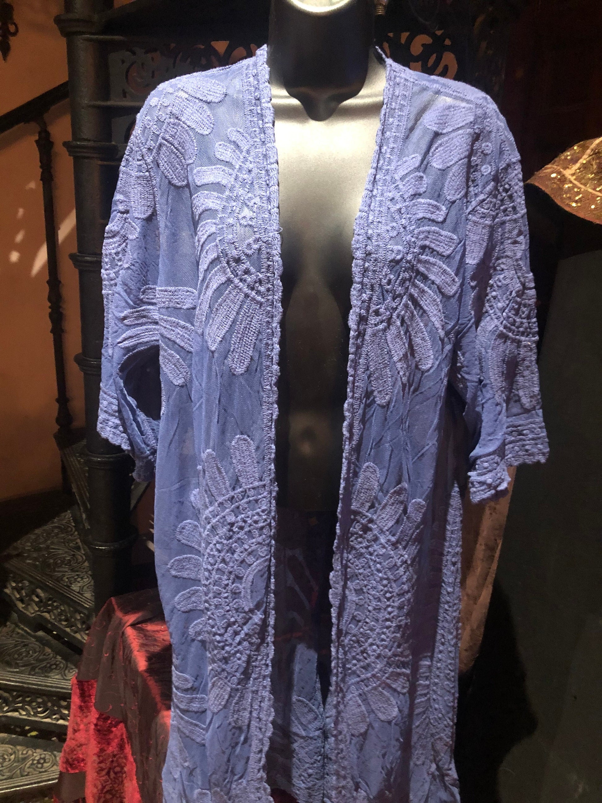 Lace Kimono Jacket Vintage Style Blue Tie Dye Embroidered wrap