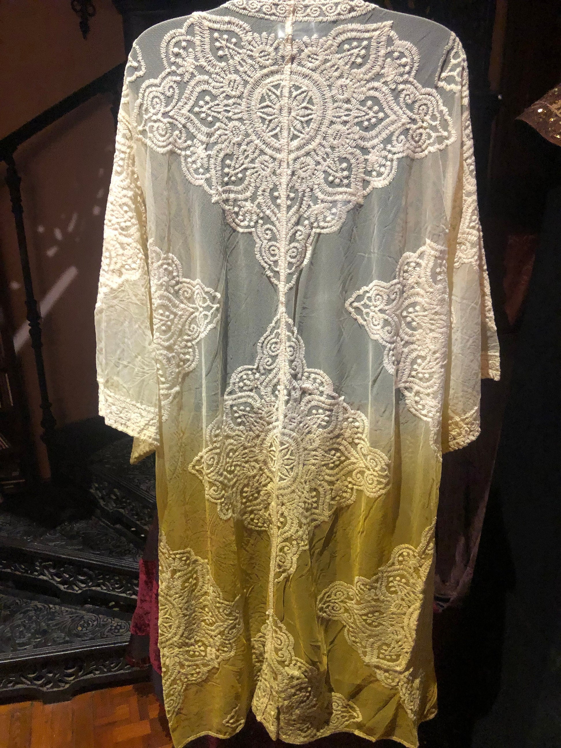 Lace Kimono Jacket Vintage Style Yellow Tie Dye Embroidered wrap