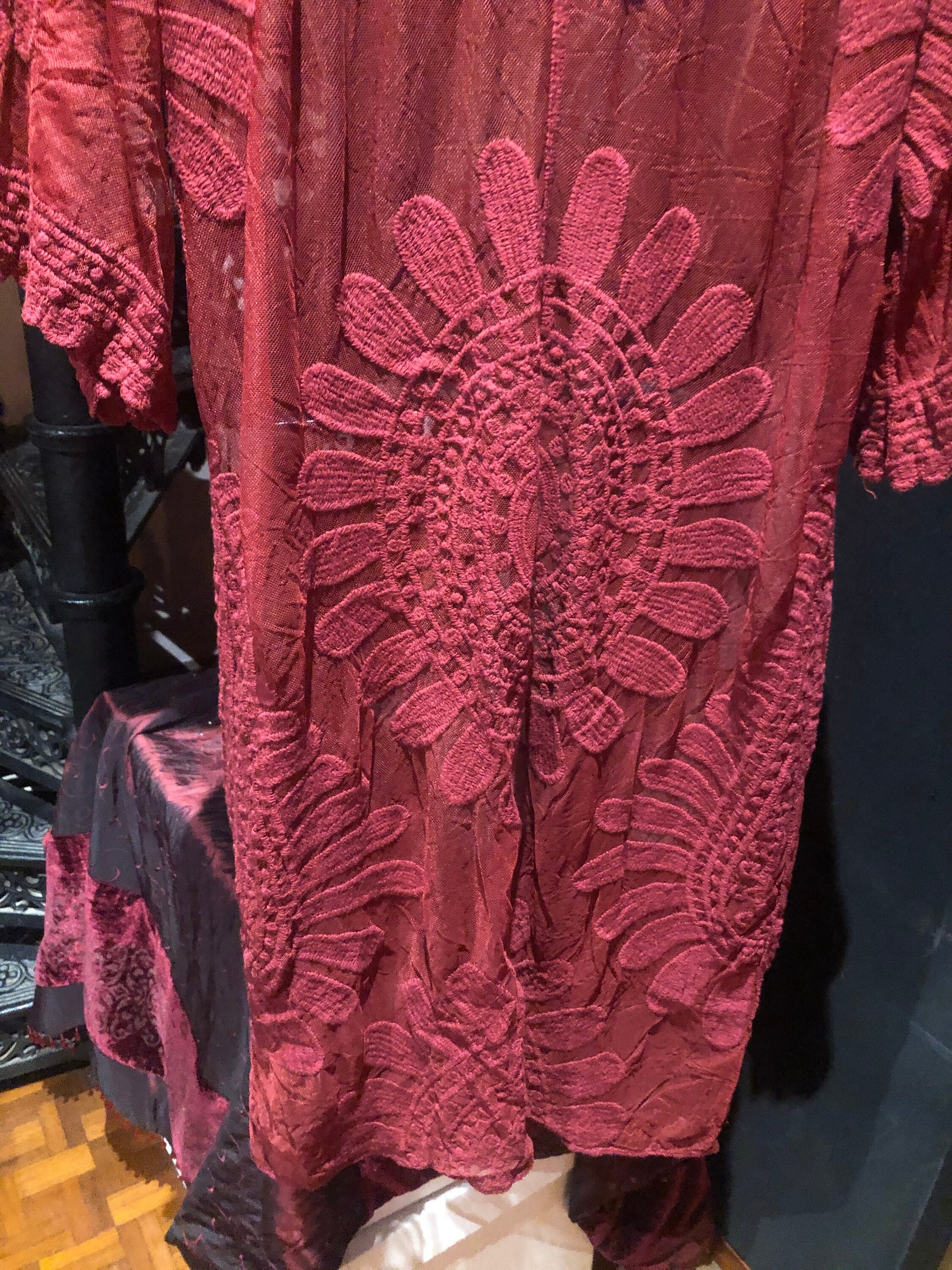 Lace Kimono Jacket Vintage Style Cranberry Red Embroidered wrap