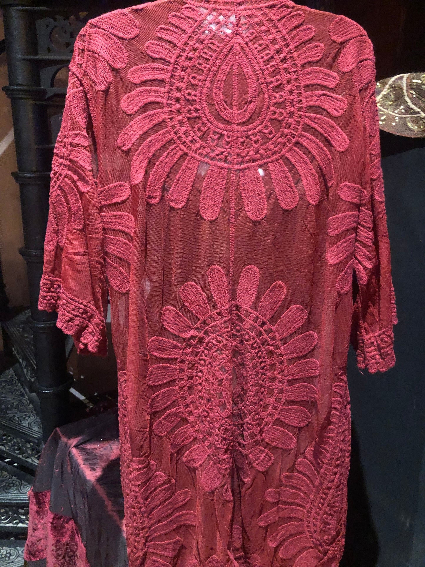 Lace Kimono Jacket Vintage Style Cranberry Red Embroidered wrap