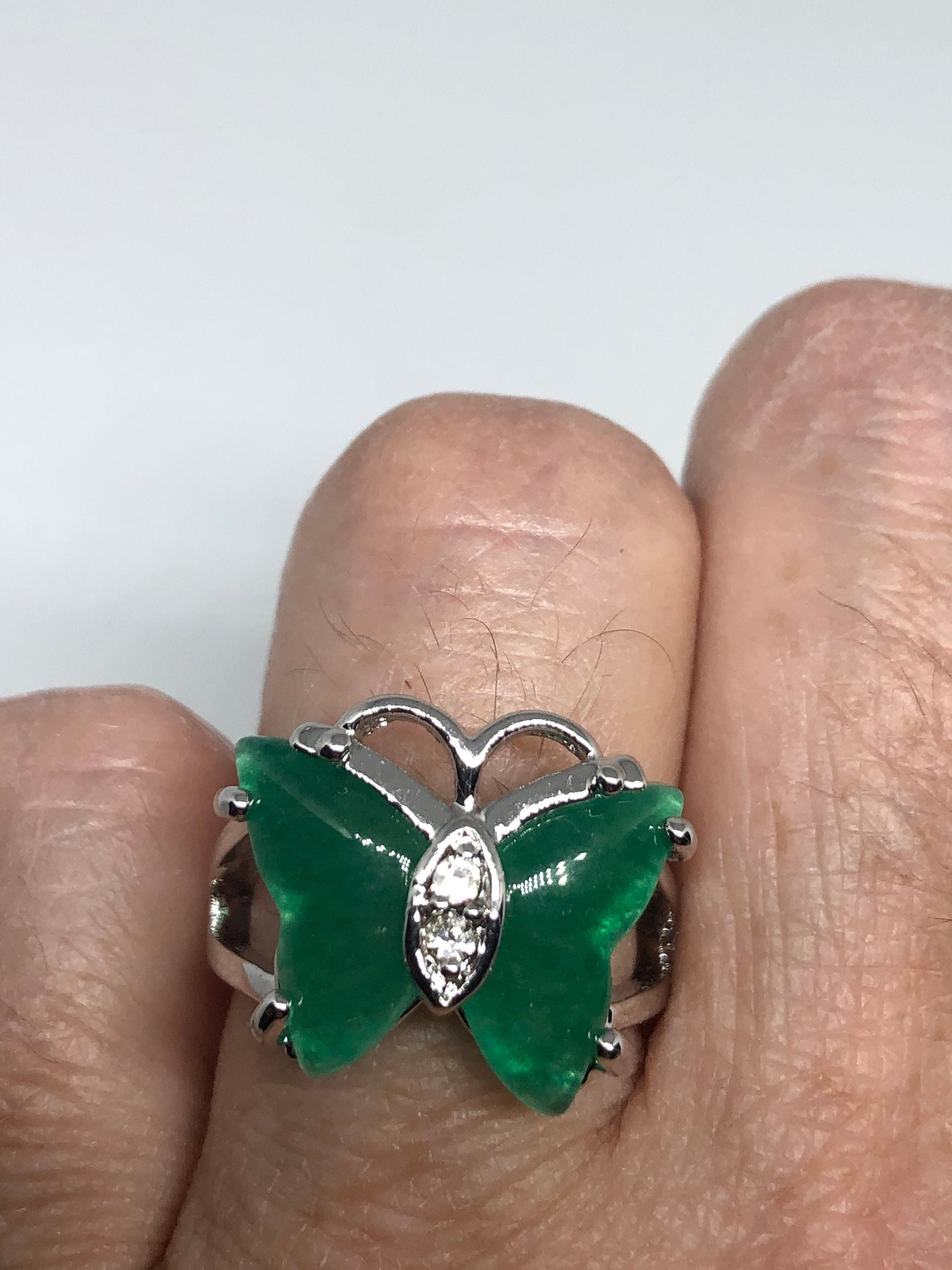 Vintage Lucky Green Nephrite Jade Butterfly ring