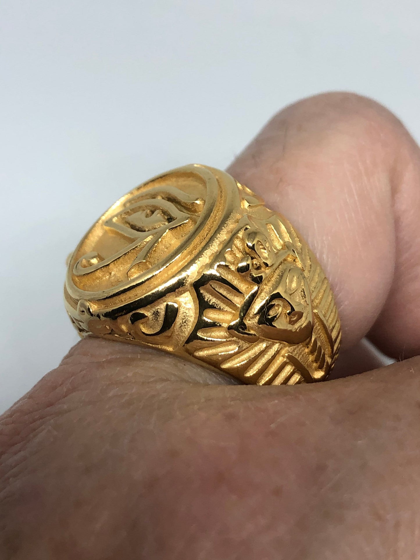 Vintage Golden Stainless Steel Egyptian Ankh Horus Eye Mens Ring