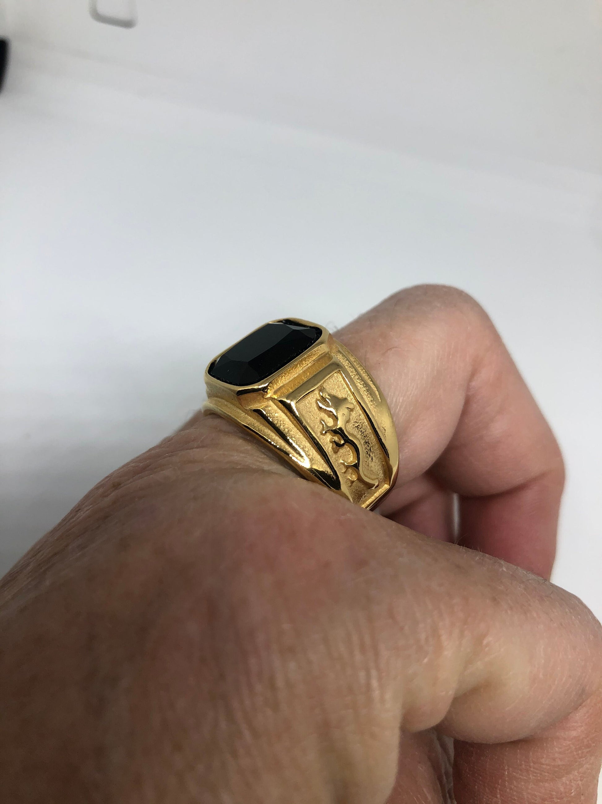 Vintage Gothic Black Onyx Dragon Golden Stainless Steel Men's Ring
