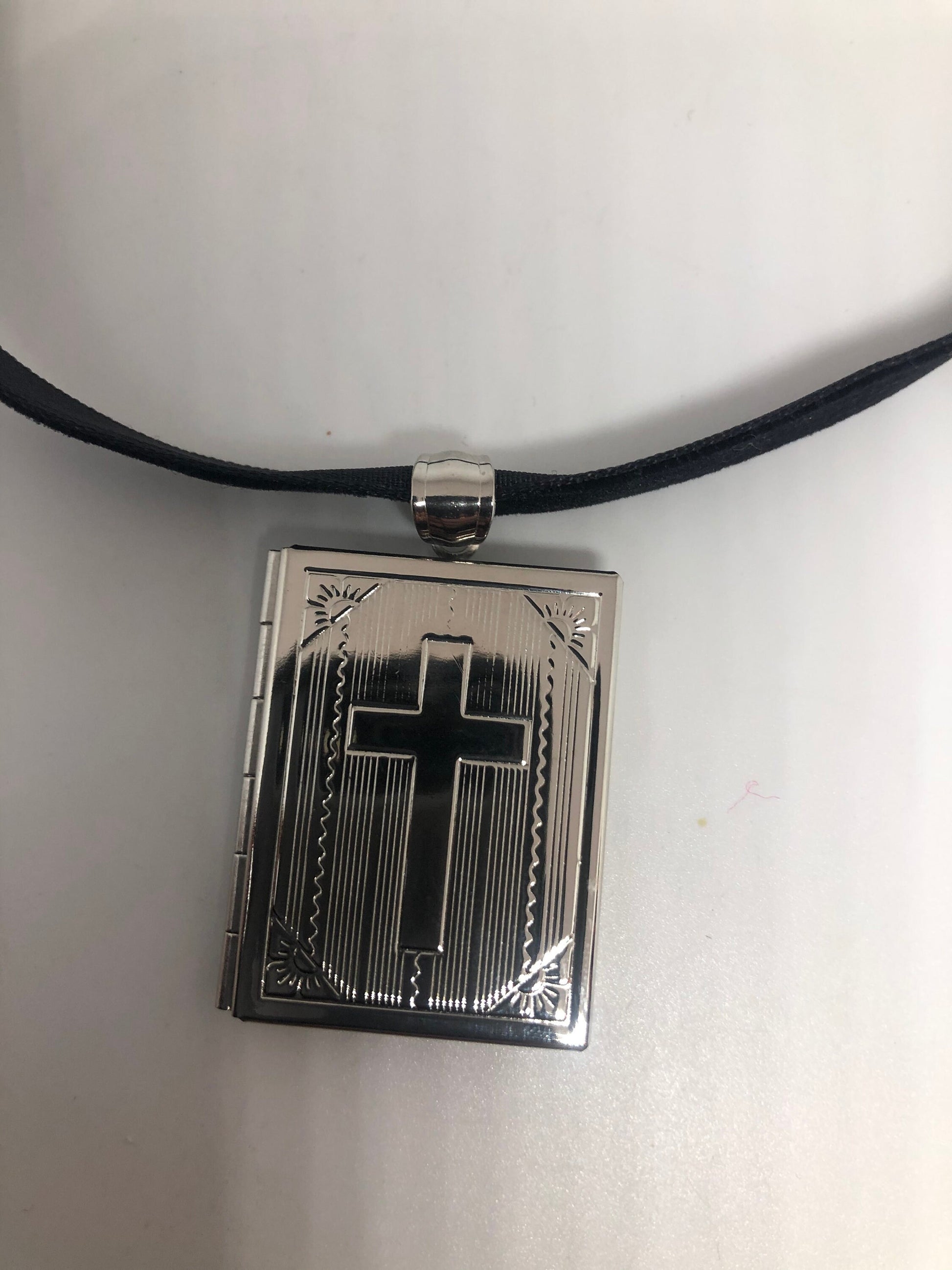 Vintage Cross Locket Choker Silver Stainless Steel Deco Etched Necklace
