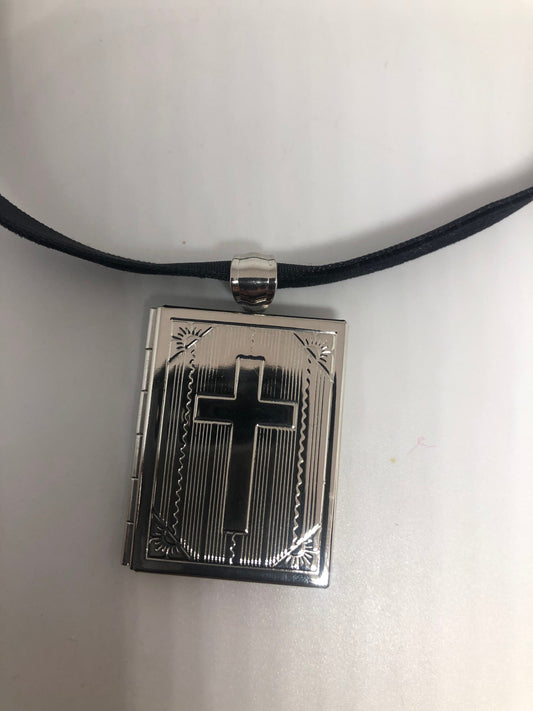 Vintage Cross Locket Choker Silver Stainless Steel Deco Etched Necklace