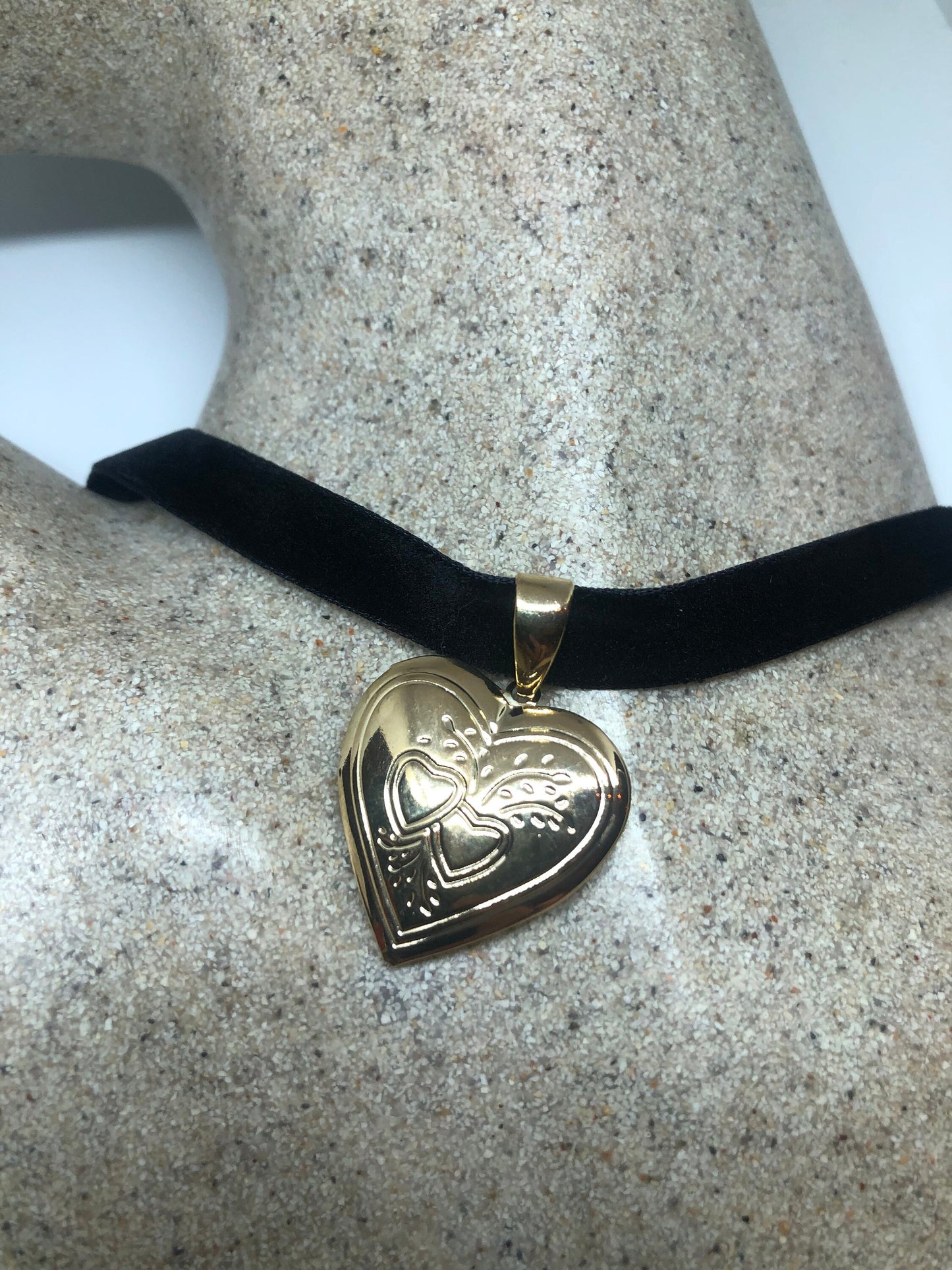 Vintage Gold Locket | Tiny Heart 9k Gold Filled Pendant Photo Memory Charm Engraved Two Hearts | Choker Necklace