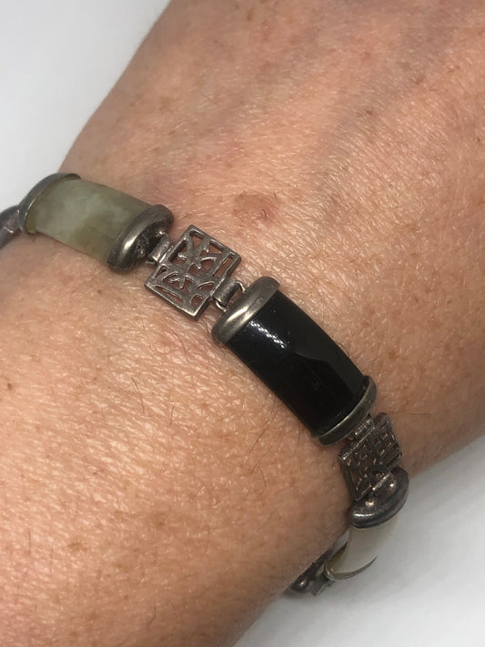 Vintage Onyx Bracelet 925 Sterling Silver Lucky Chinese Words