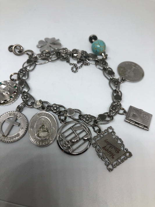 Vintage 925 Sterling Silver Link Cross Charm Bracelet
