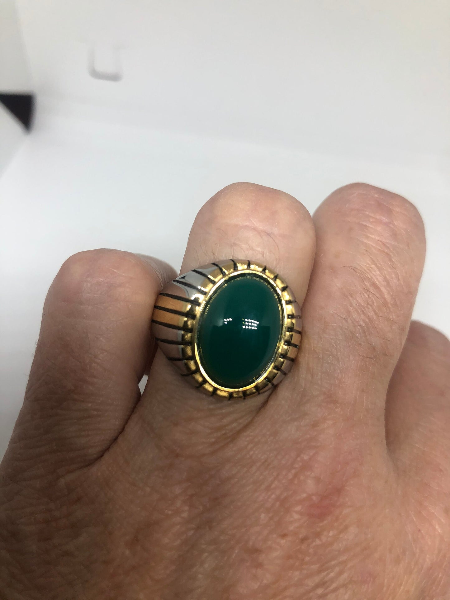 Vintage Gothic Gold Silver Stainless Steel Genuine Green Onyx Mens Ring