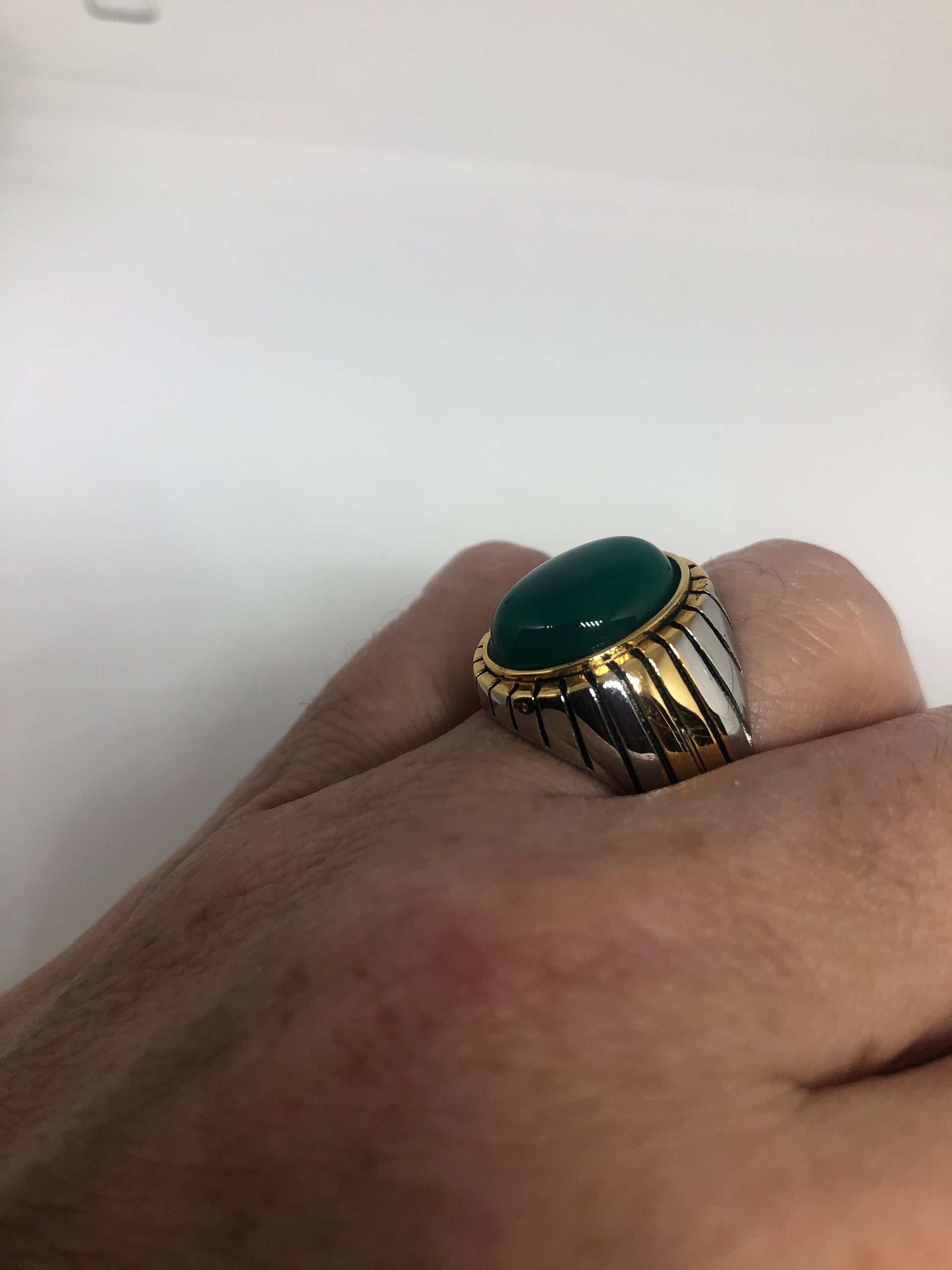 Vintage Gothic Gold Silver Stainless Steel Genuine Green Onyx Mens Ring