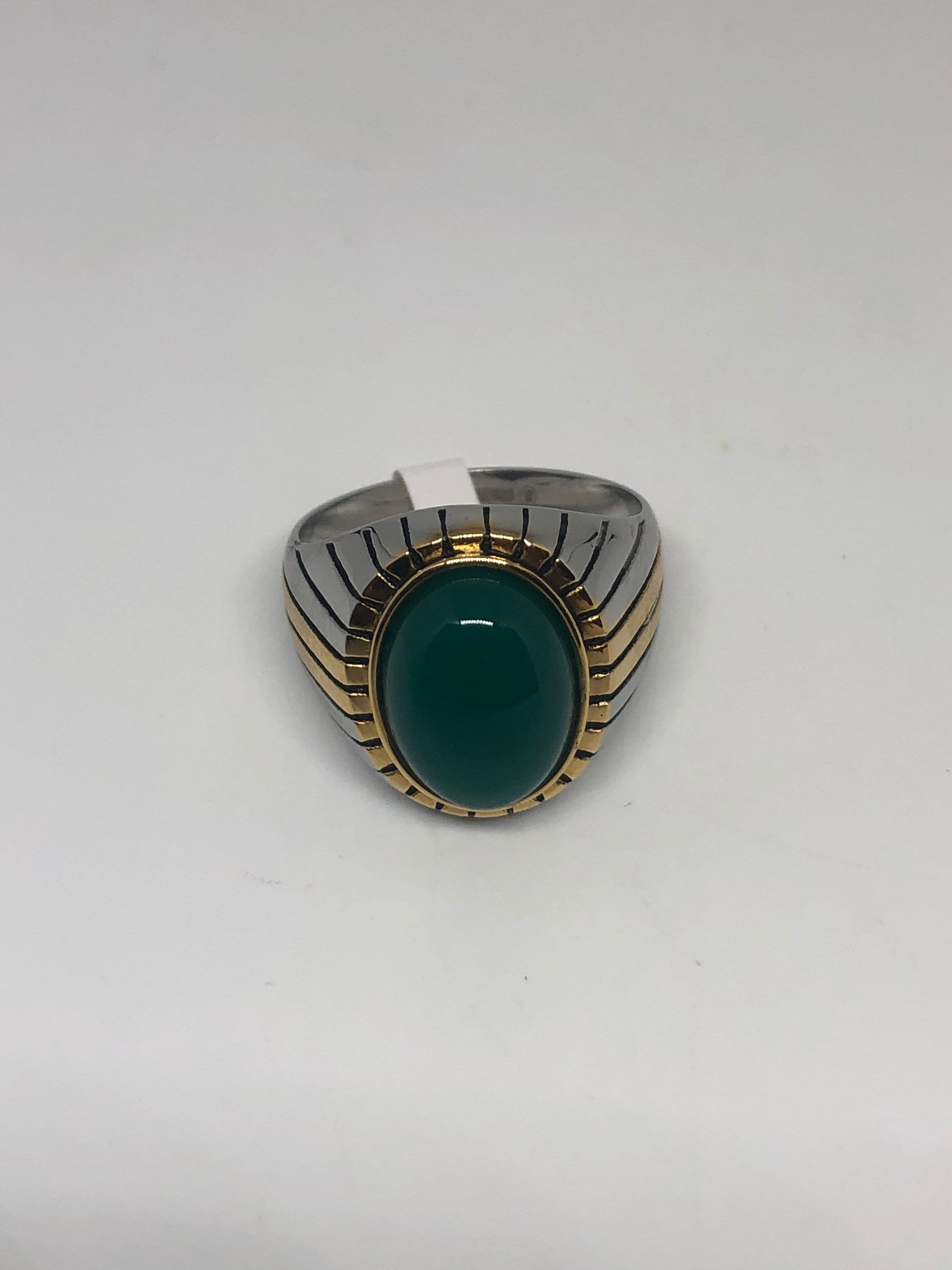 Vintage Gothic Gold Silver Stainless Steel Genuine Green Onyx Mens Ring