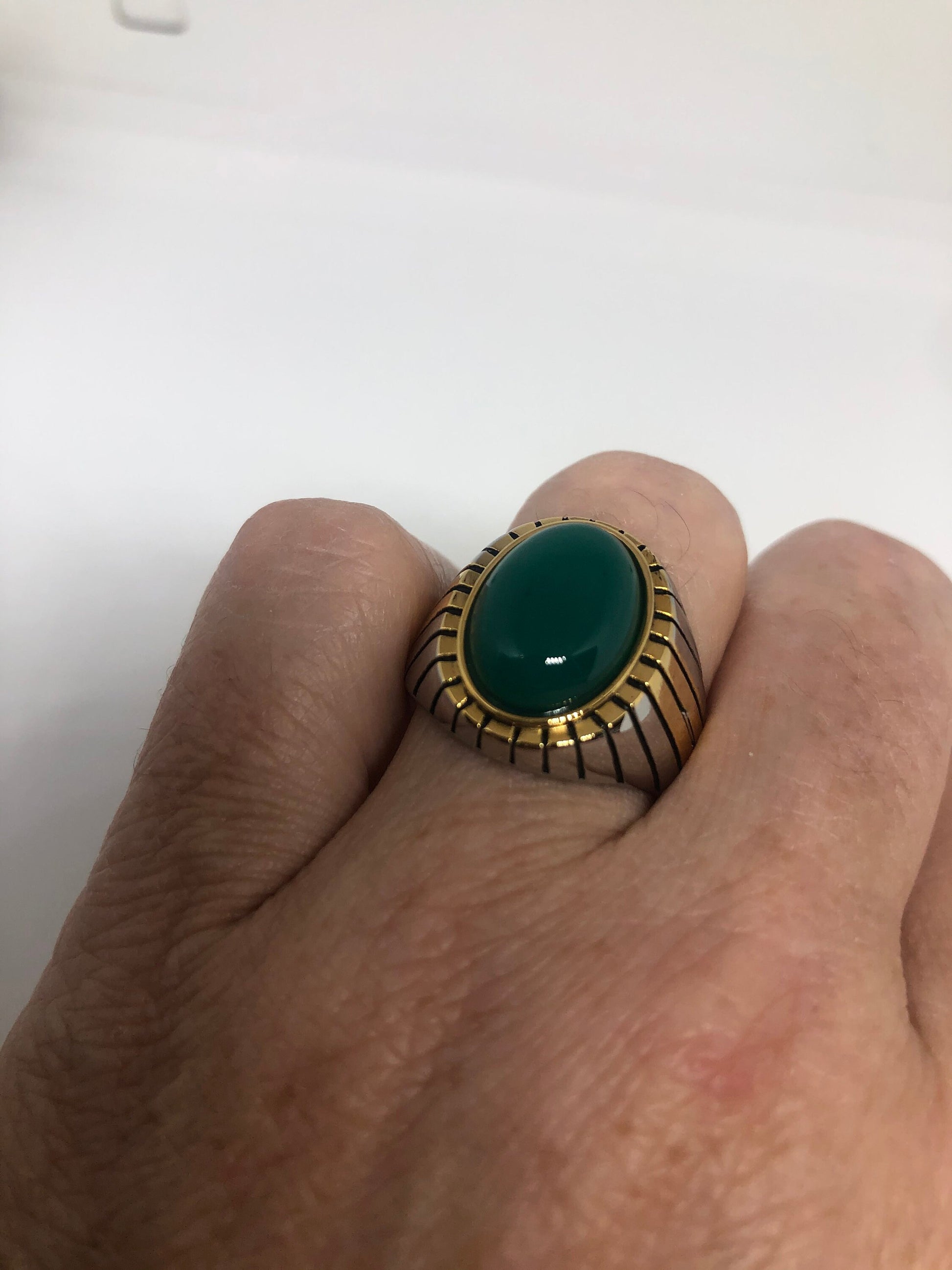 Vintage Gothic Gold Silver Stainless Steel Genuine Green Onyx Mens Ring
